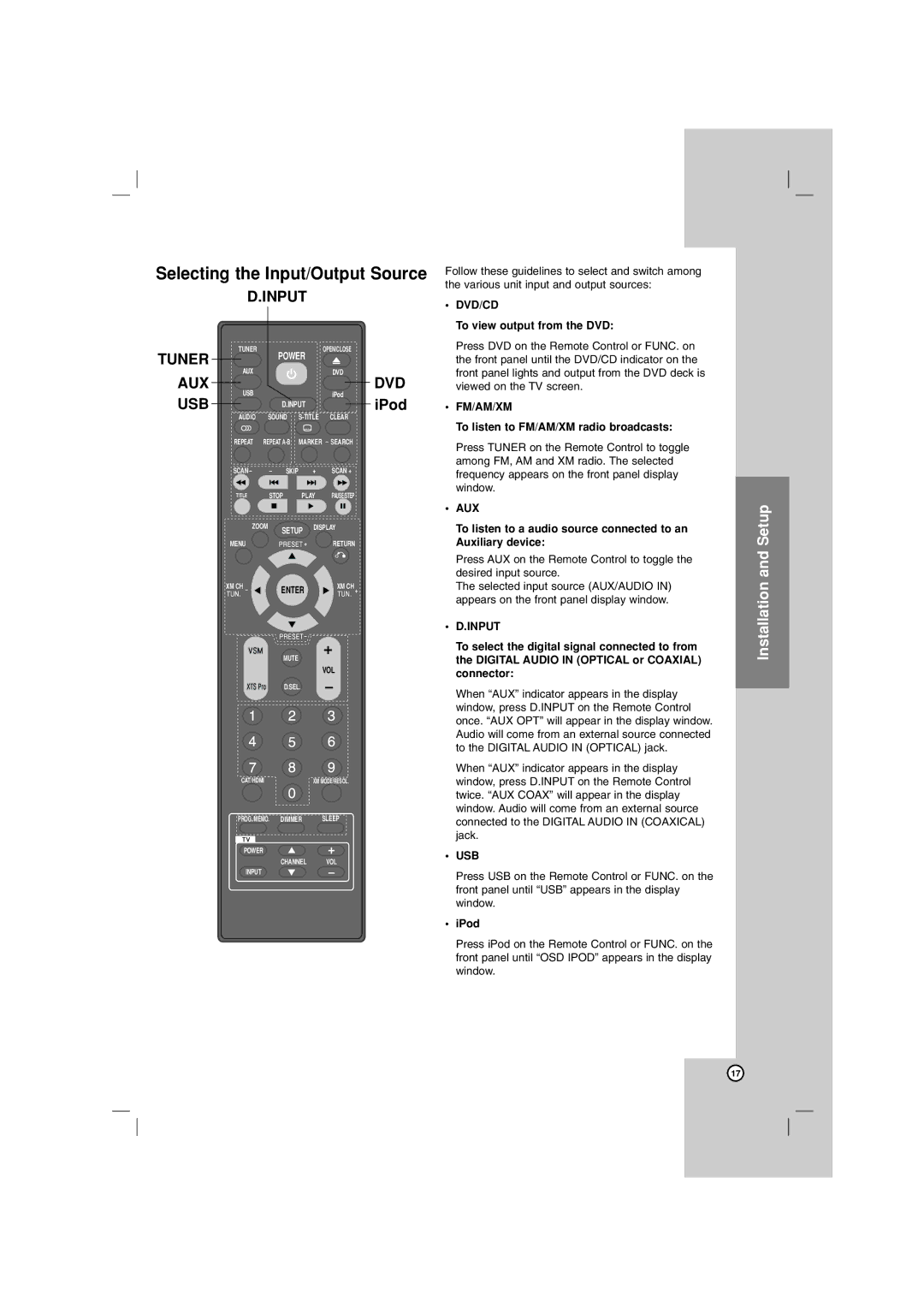 LG Electronics LHT764 owner manual Selecting the Input/Output Source, Dvd/Cd, To view output from the DVD, Fm/Am/Xm 