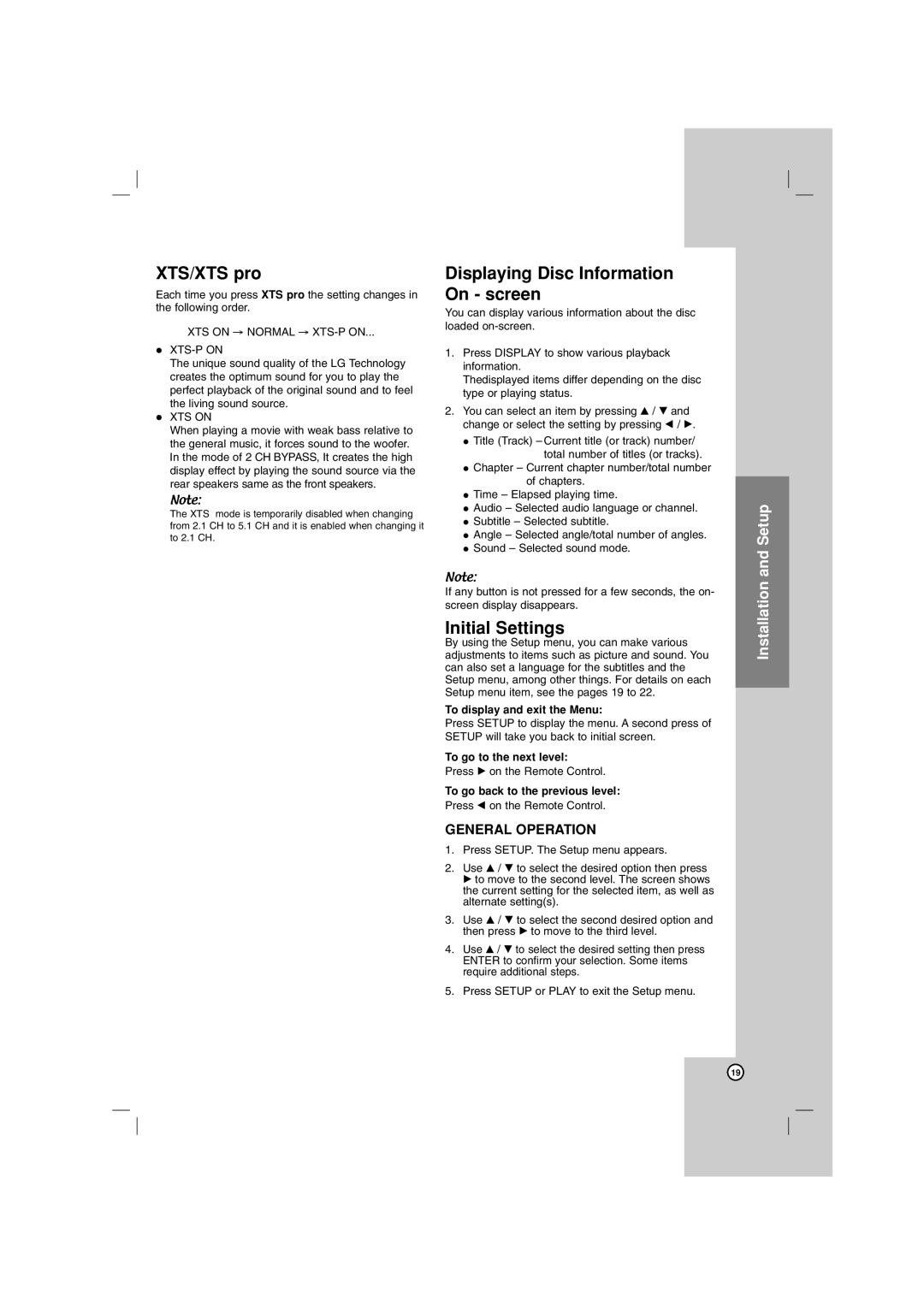 LG Electronics LHT764 owner manual XTS/XTS pro, Displaying Disc Information On screen, Initial Settings, General Operation 