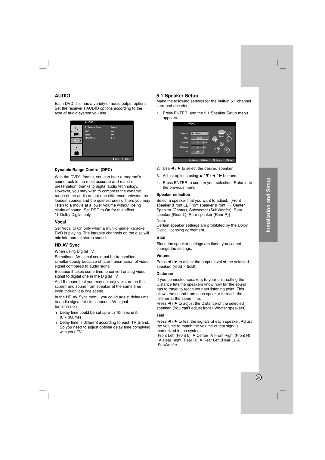 LG Electronics LHT764 owner manual Audio, Vocal, HD AV Sync, Size 