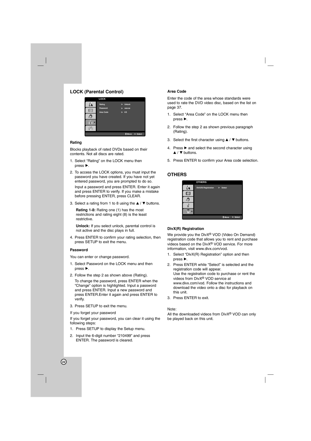 LG Electronics LHT764 owner manual Others, Rating, Password, Area Code, DivXR Registration 