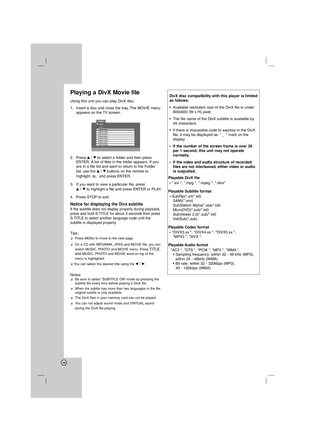 LG Electronics LHT764 Playing a DivX Movie file, Playable Subtitle format, Playable Codec format, Playable Audio format 