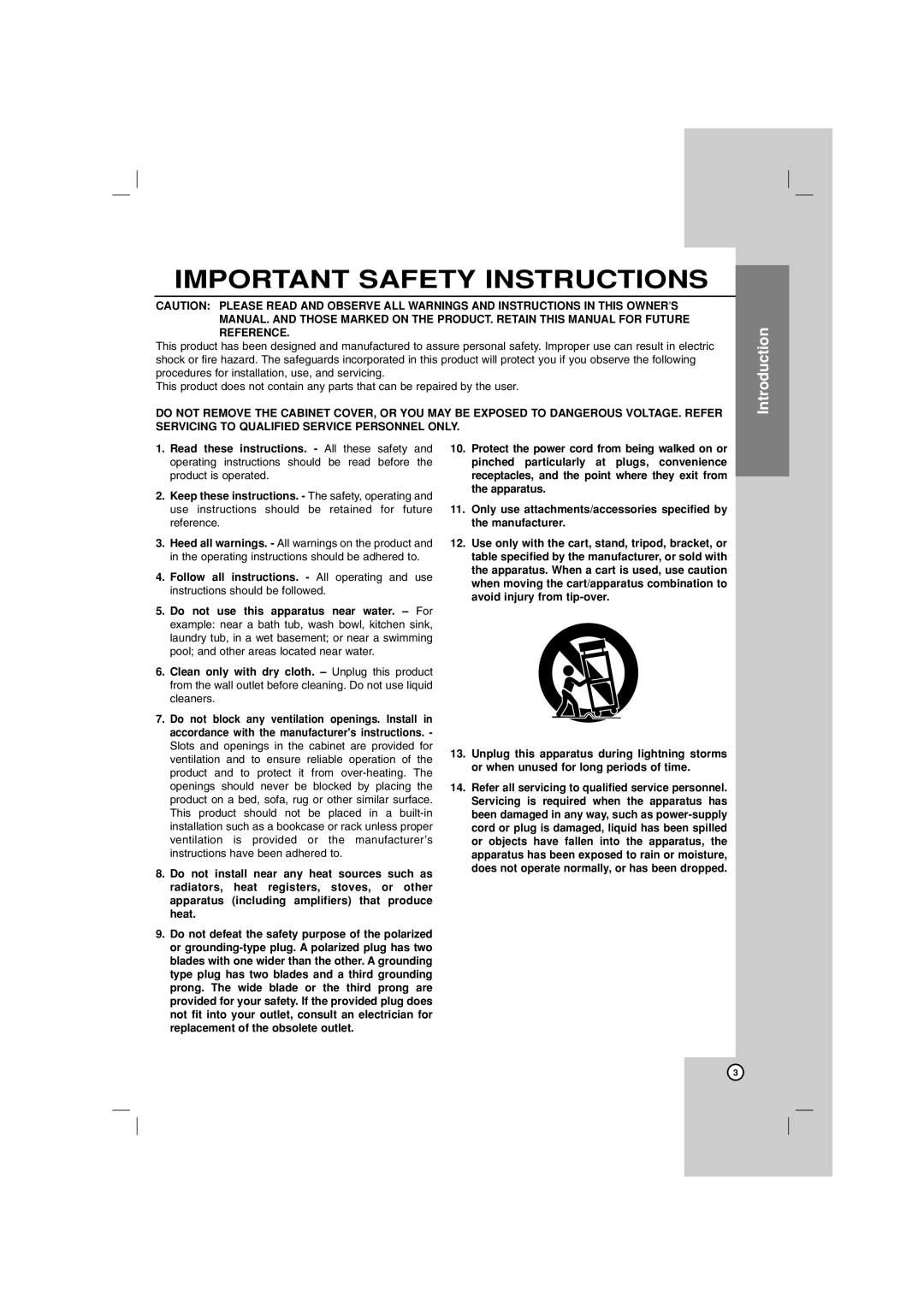 LG Electronics LHT764 owner manual Important Safety Instructions 