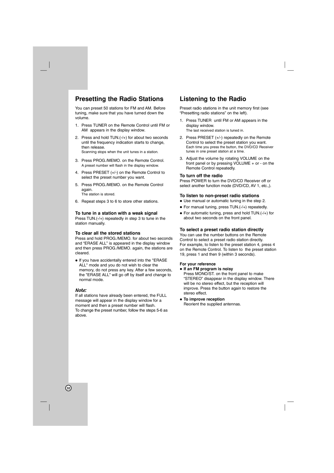 LG Electronics LHT764 owner manual Presetting the Radio Stations, Listening to the Radio 