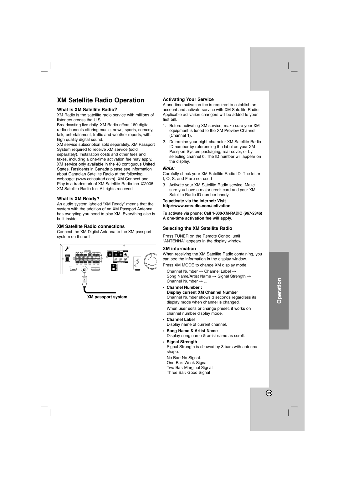 LG Electronics LHT764 owner manual XM Satellite Radio Operation 