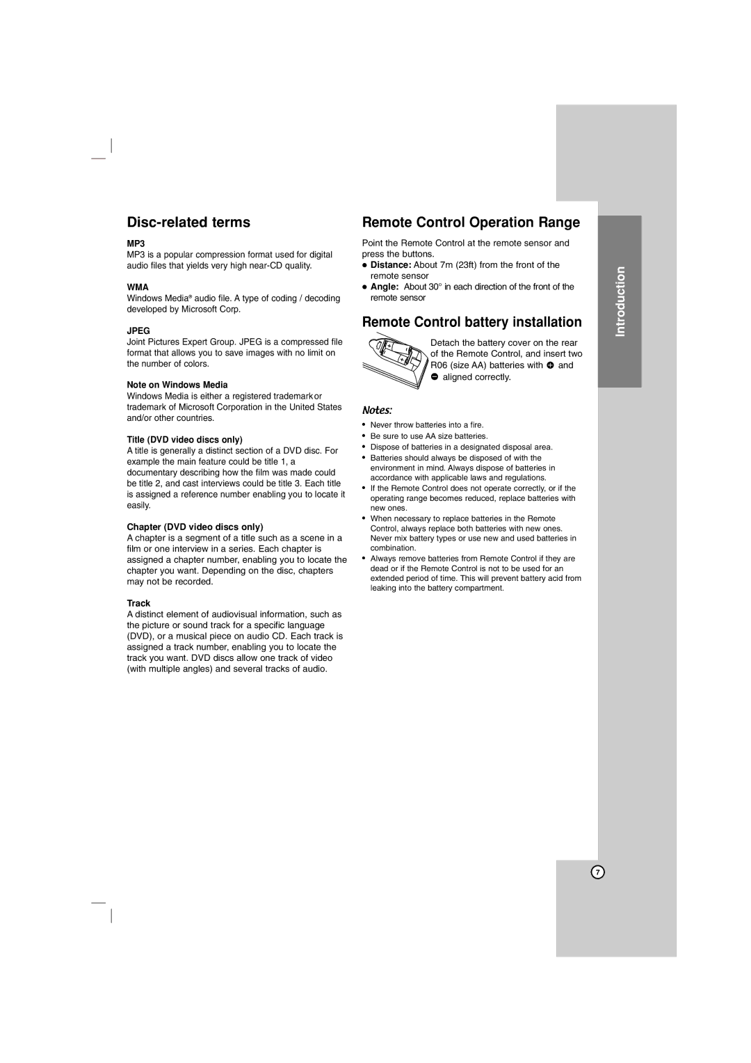 LG Electronics LHT764 owner manual Disc-related terms, Remote Control Operation Range, Remote Control battery installation 