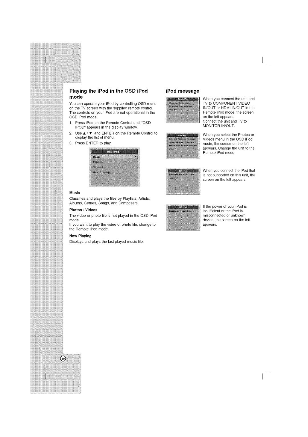 LG Electronics LHT764 owner manual Playing the iPod in the OSD iPod IPod message Mode, Monitor IN/OUT, Music 