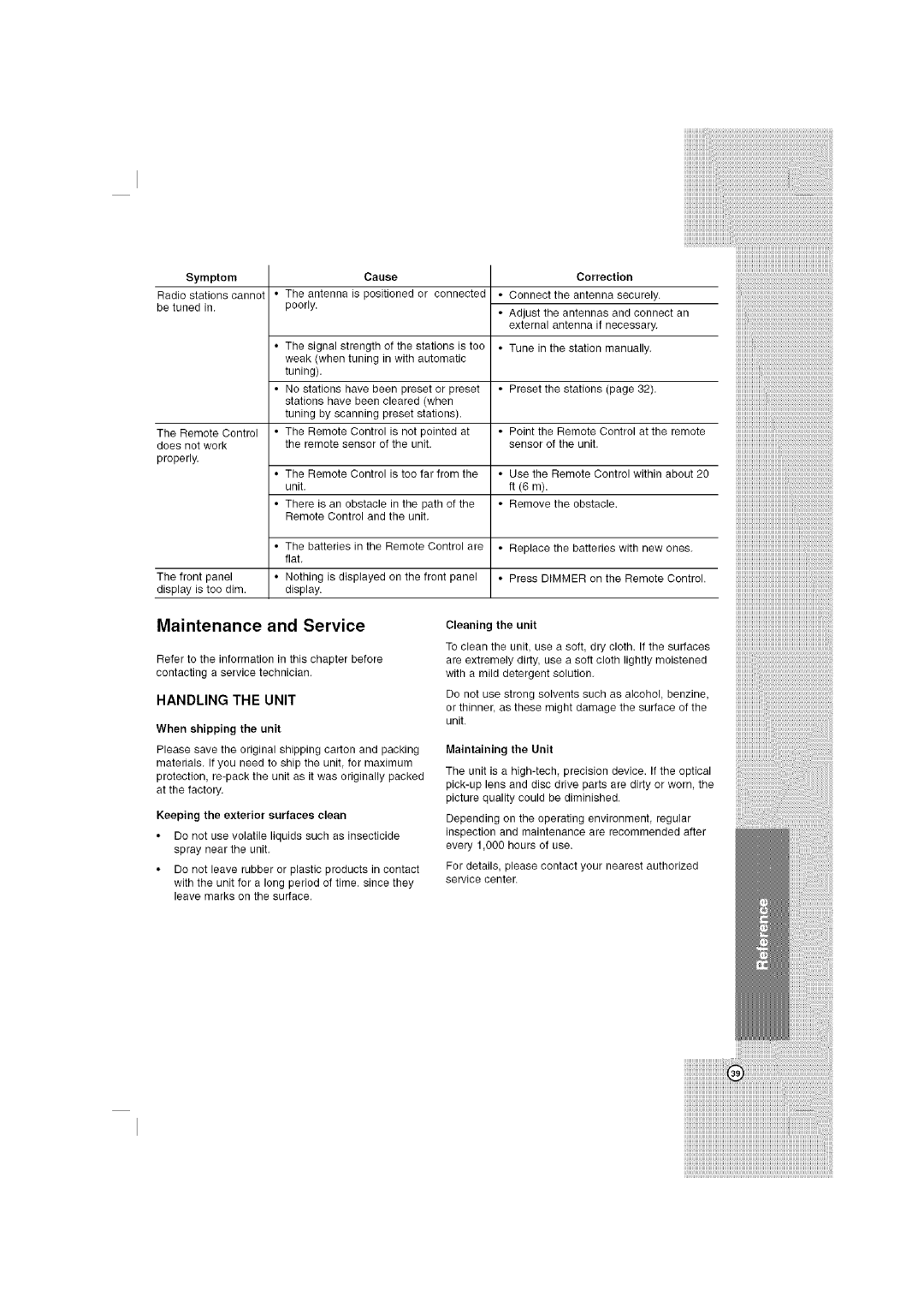 LG Electronics LHT764 Maintenance and Service, Dimmer, When shipping the unit, Keeping the exterior surfaces clean 