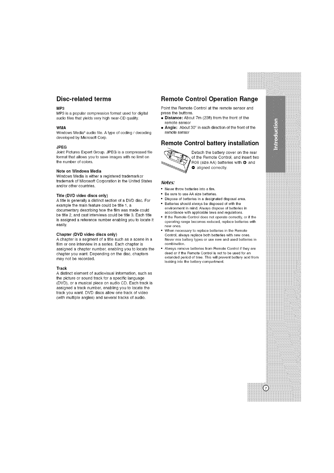 LG Electronics LHT764 Disc-related terms, Remote Control Operation Range, Remote Control Battery Installation, MP3, Wma 