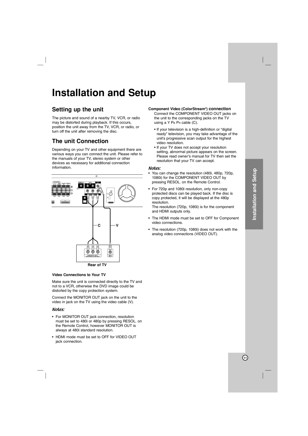 LG Electronics LHT764 owner manual Installation and Setup, Setting up the unit, The unit Connection 