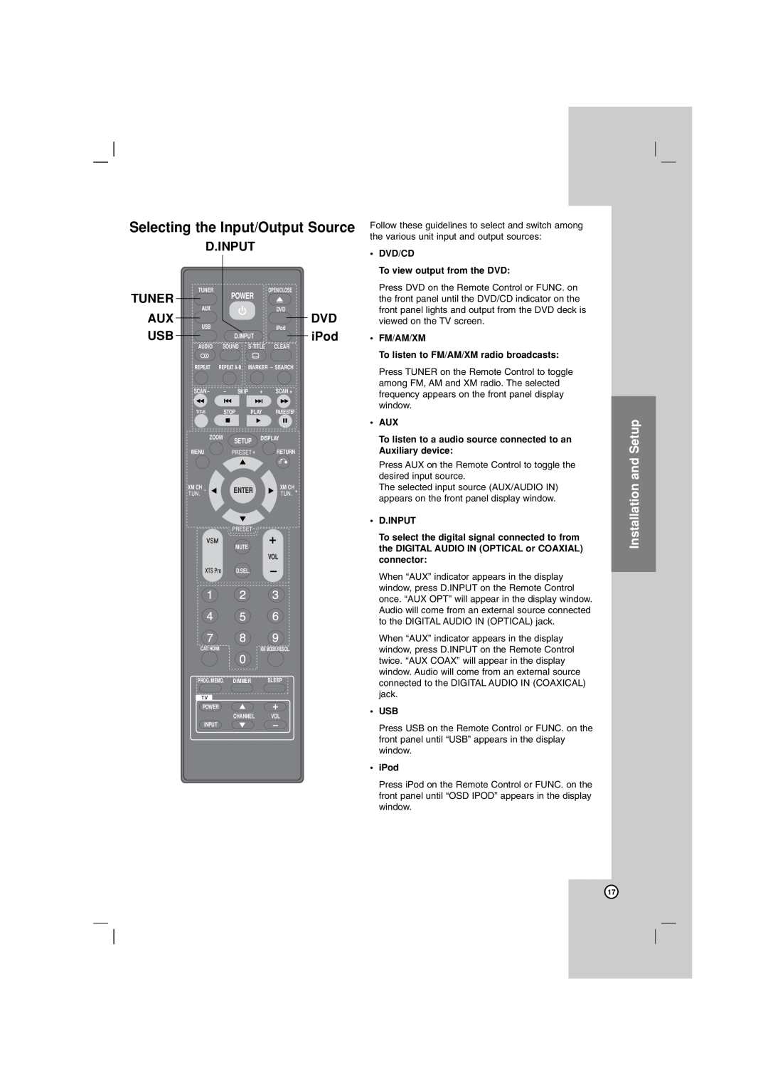 LG Electronics LHT764 Selecting the Input/Output Source, D.Input, Tuner, iPod, DVD/CD To view output from the DVD, Aux 