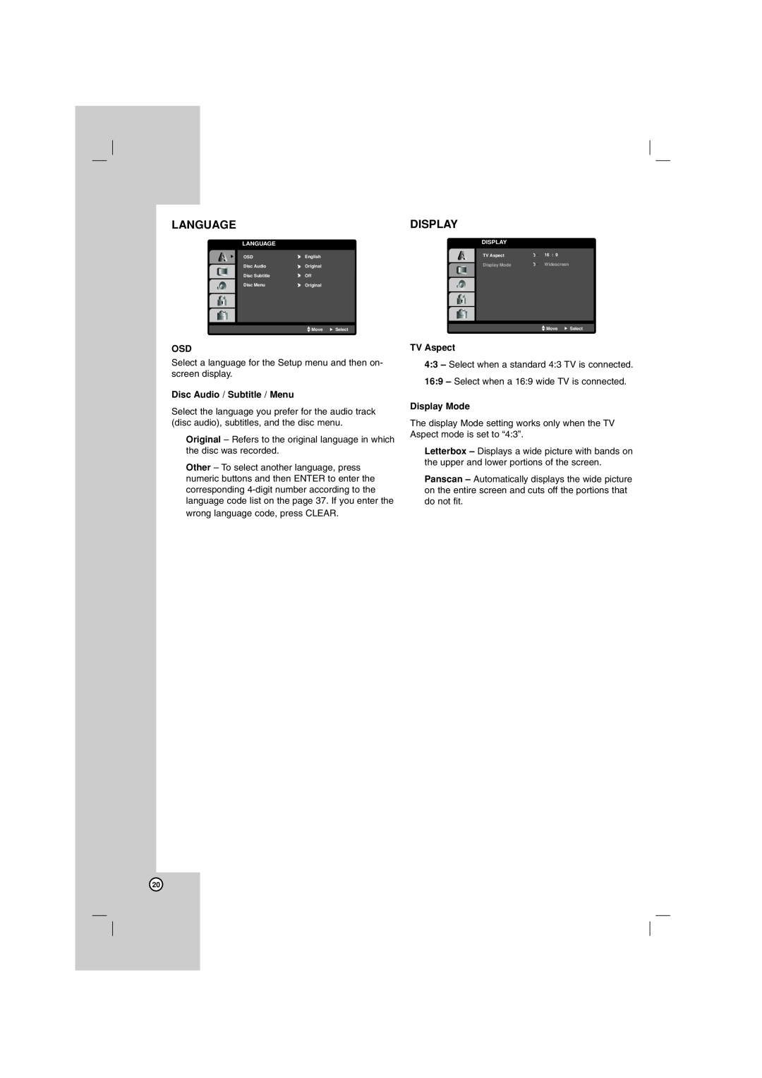 LG Electronics LHT764 owner manual Language, Disc Audio / Subtitle / Menu, TV Aspect, Display Mode 