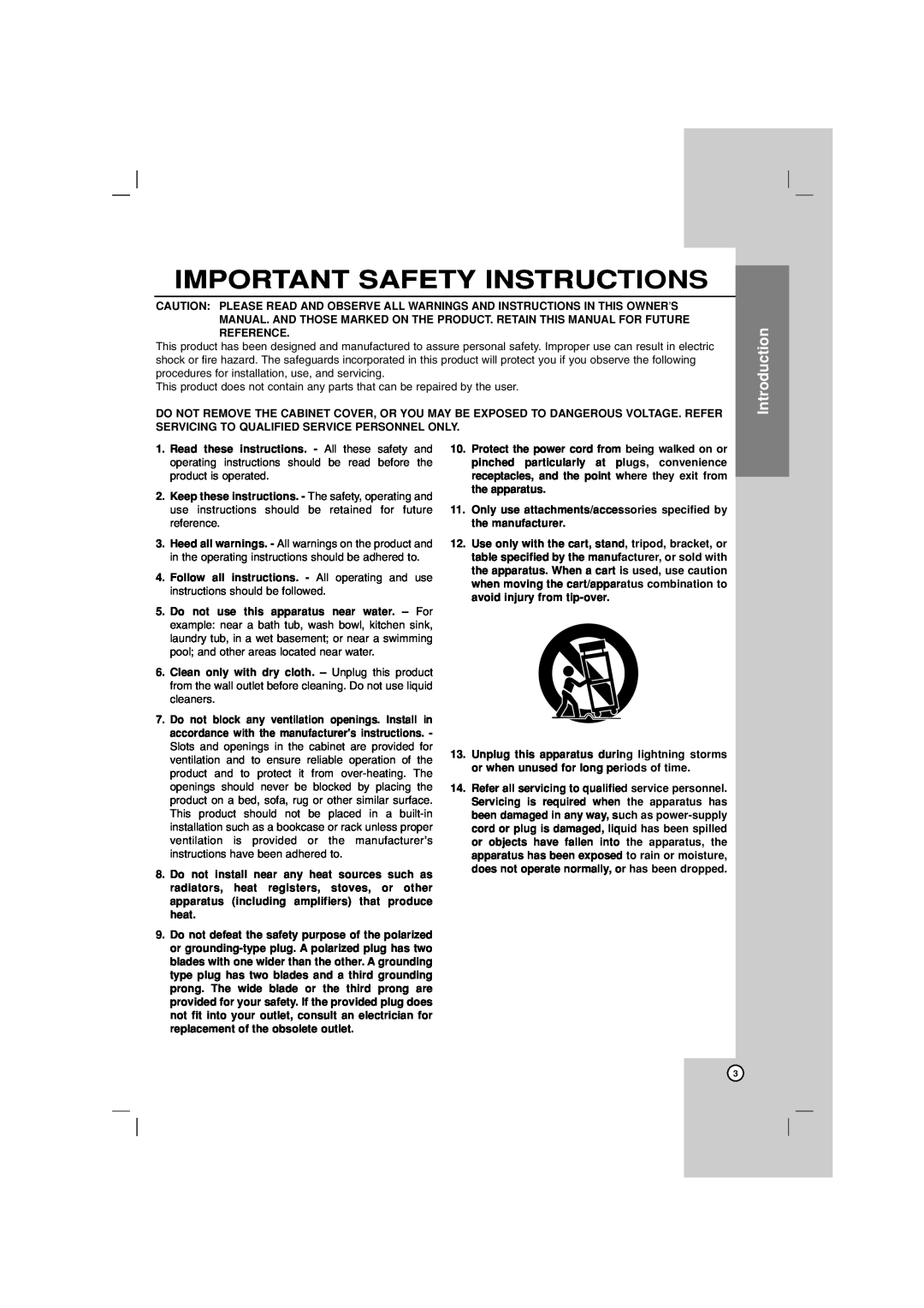 LG Electronics LHT764 owner manual Important Safety Instructions, Introduction 