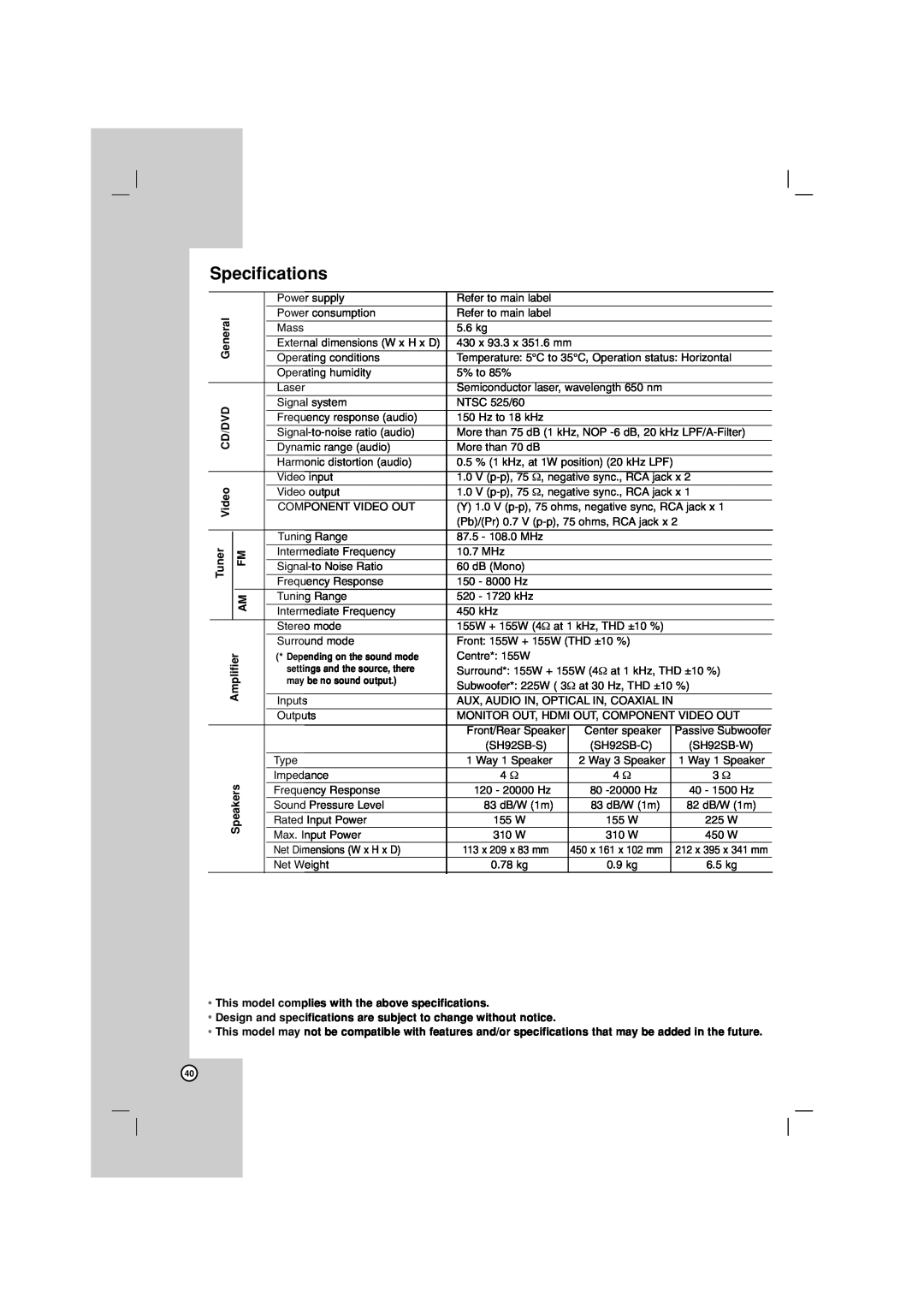 LG Electronics LHT764 owner manual Specifications, This model complies with the above specifications 