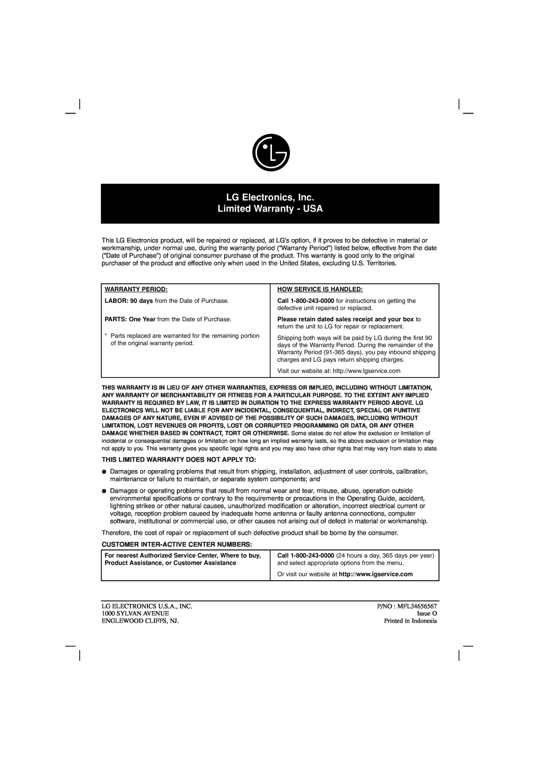 LG Electronics LHT764 owner manual This Limited Warranty Does Not Apply To, Customer Inter-Activecenter Numbers 