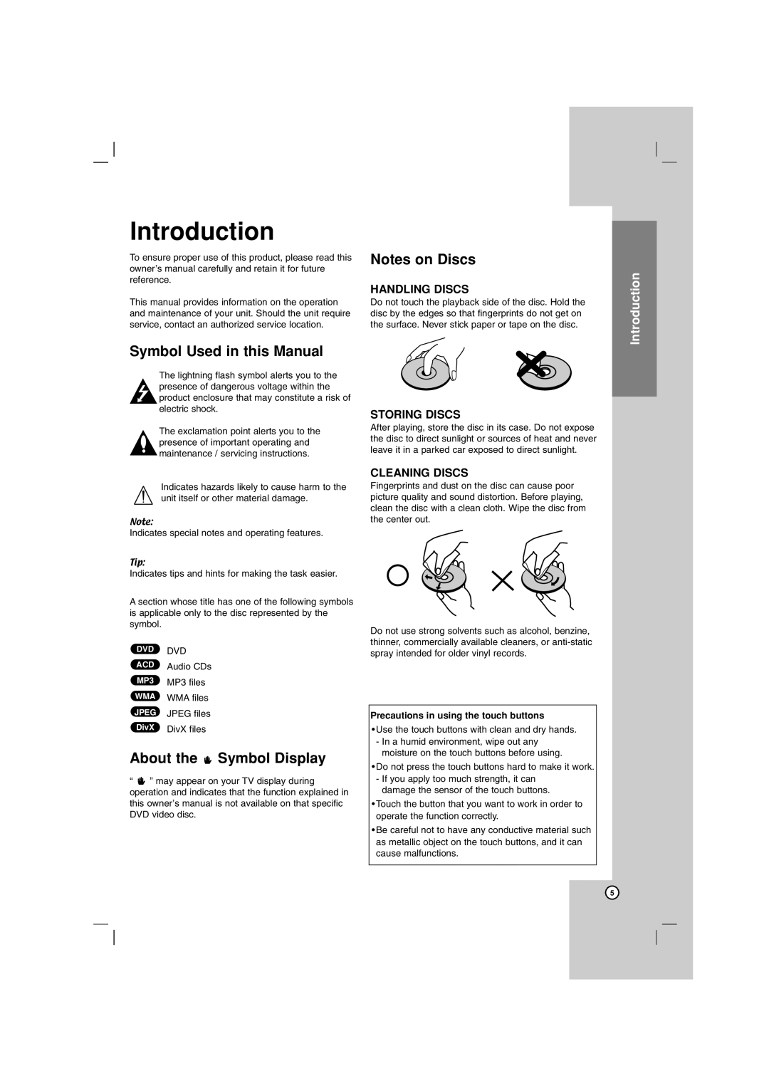LG Electronics LHT764 Introduction, Symbol Used in this Manual, About the Symbol Display, Notes on Discs, Handling Discs 