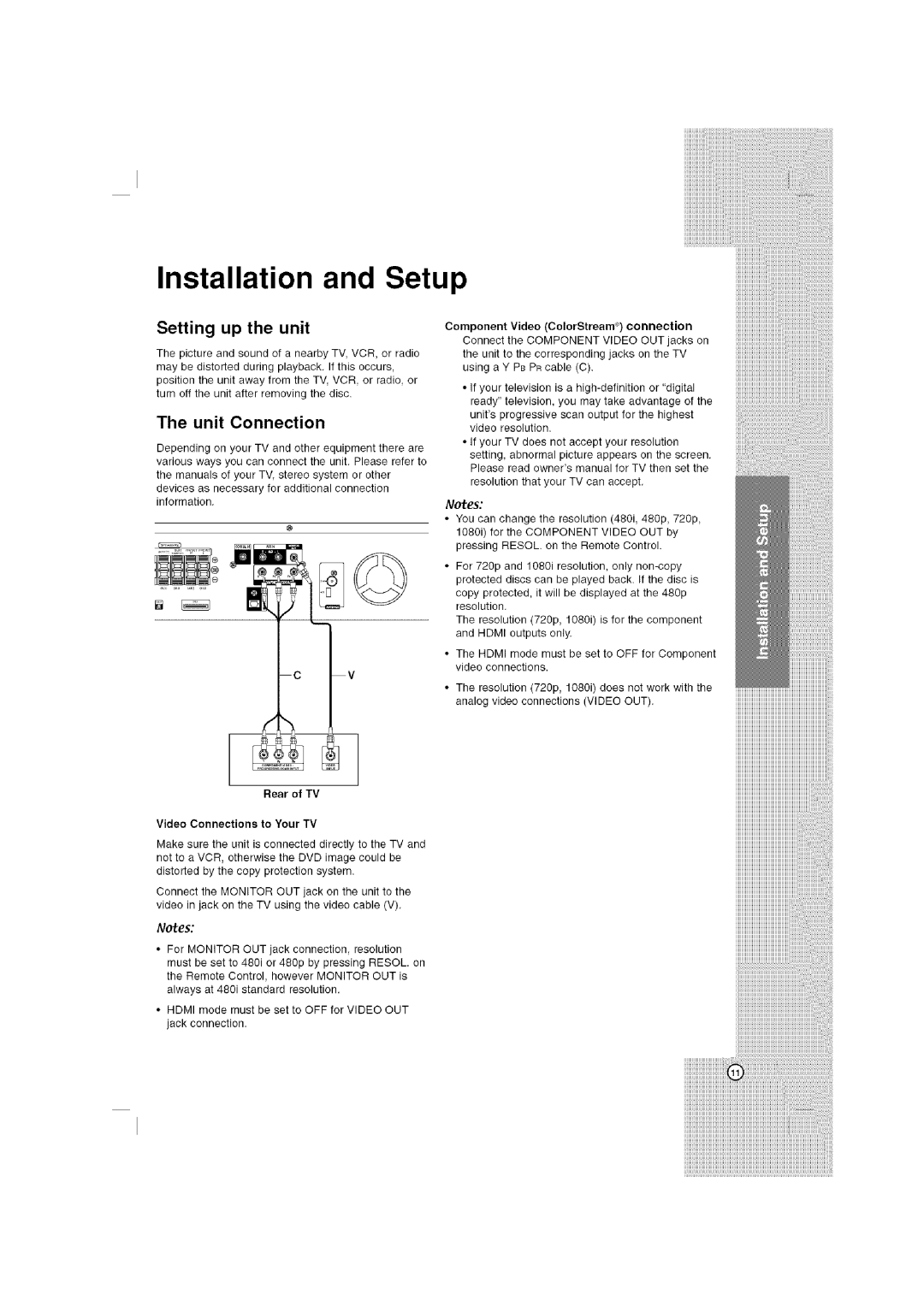 LG Electronics LHT764 owner manual Installation and Setup, Setting up the unit, The unit Connection, Rear of TV, Notes 