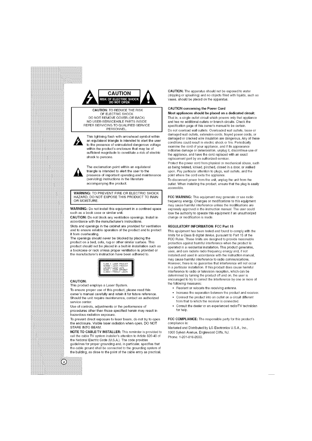LG Electronics LHT764 owner manual CAUTION concerning the Power Cord, REGULATORY INFORMATION FCC Part 