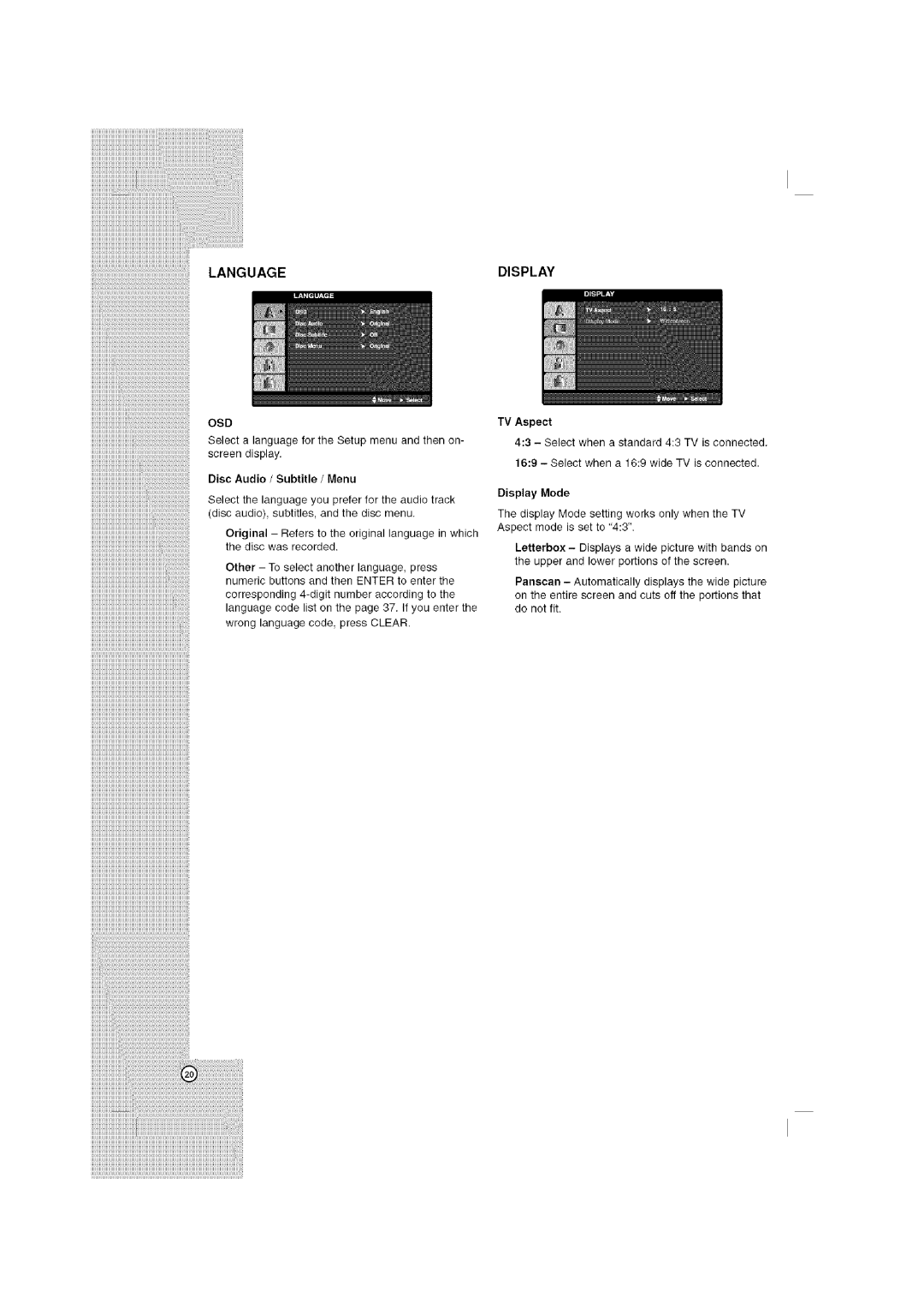 LG Electronics LHT764 owner manual Disc Audio / Subtitle / Menu, TV Aspect, Display Mode 