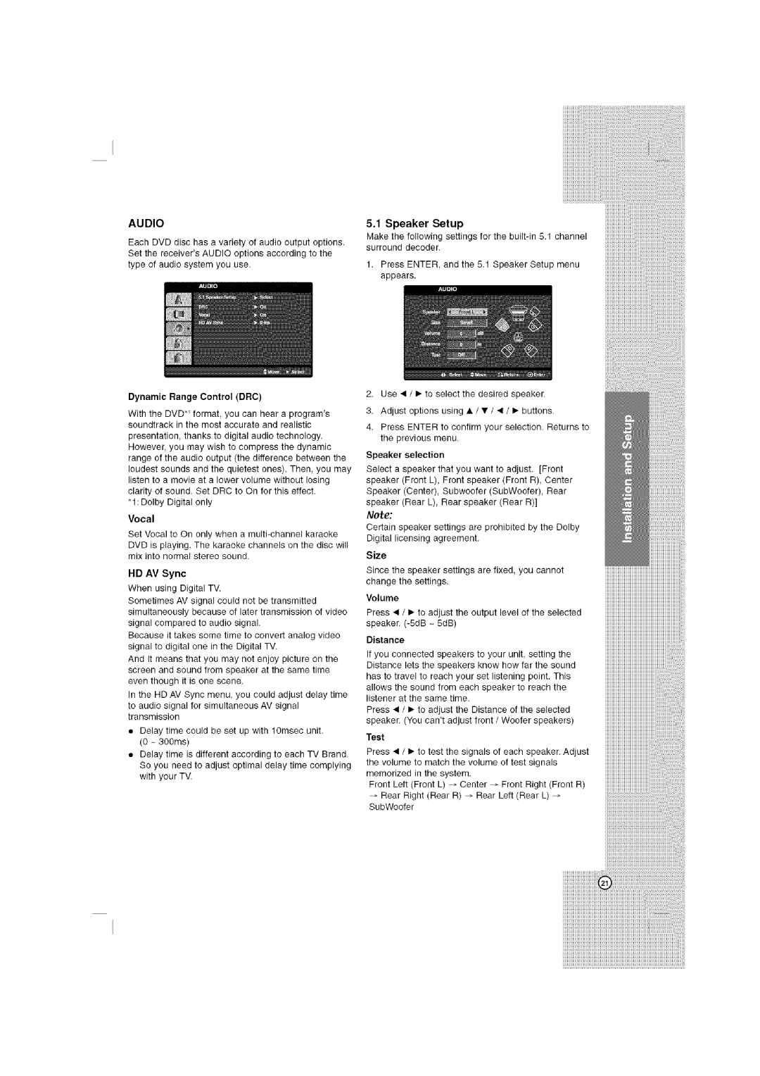 LG Electronics LHT764 owner manual Audio, 5.1Speaker Setup, Vocal, Test 