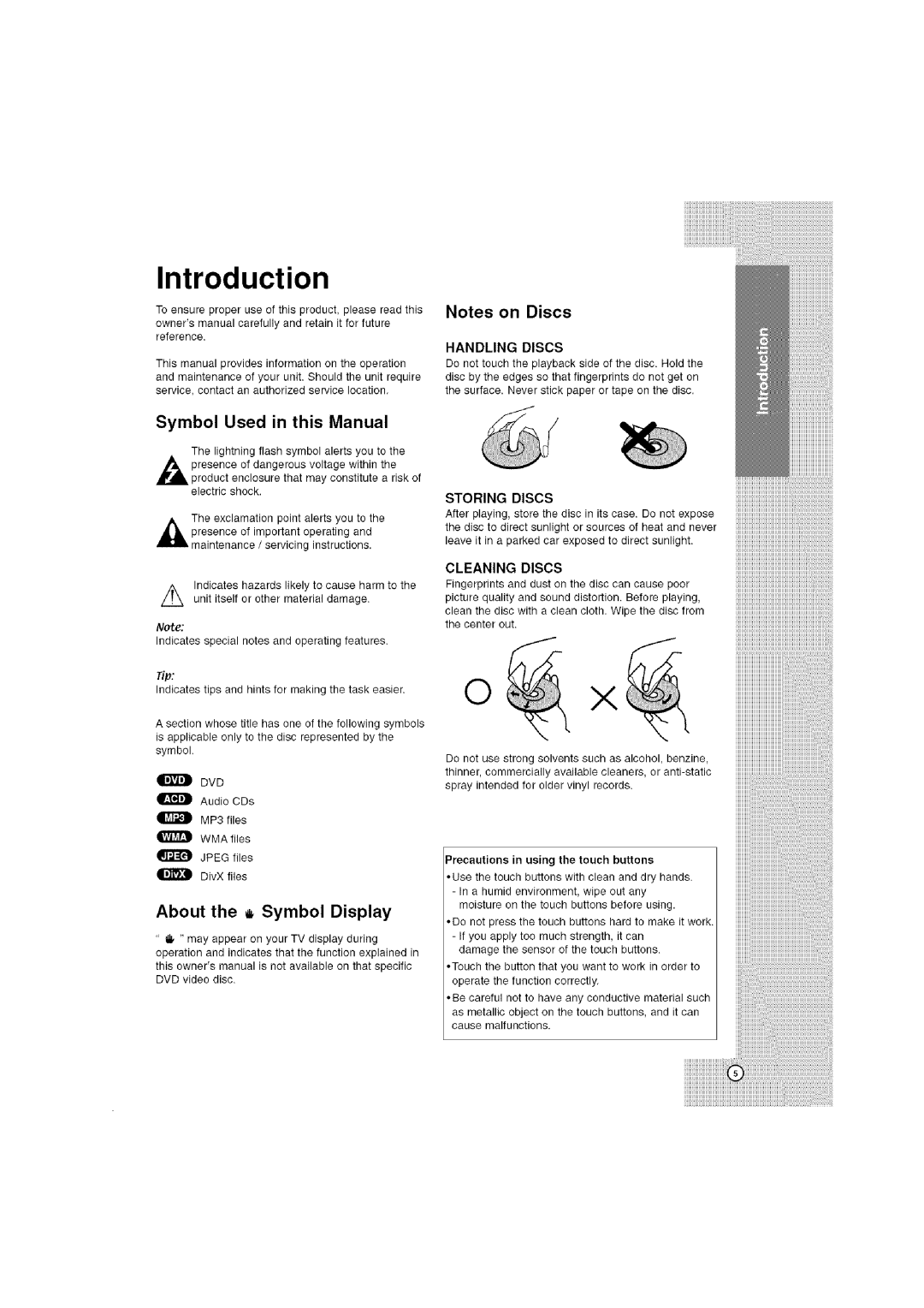 LG Electronics LHT764 Introduction, Notes on Discs, Symbol Used in this Manual, About the Symbol Display, Handling Discs 