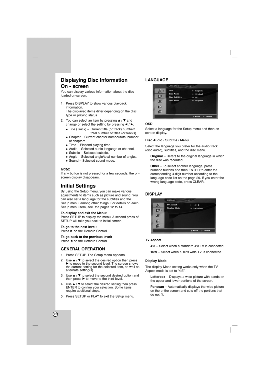 LG Electronics LHT799 owner manual Displaying Disc Information On screen, Initial Settings, Osd 