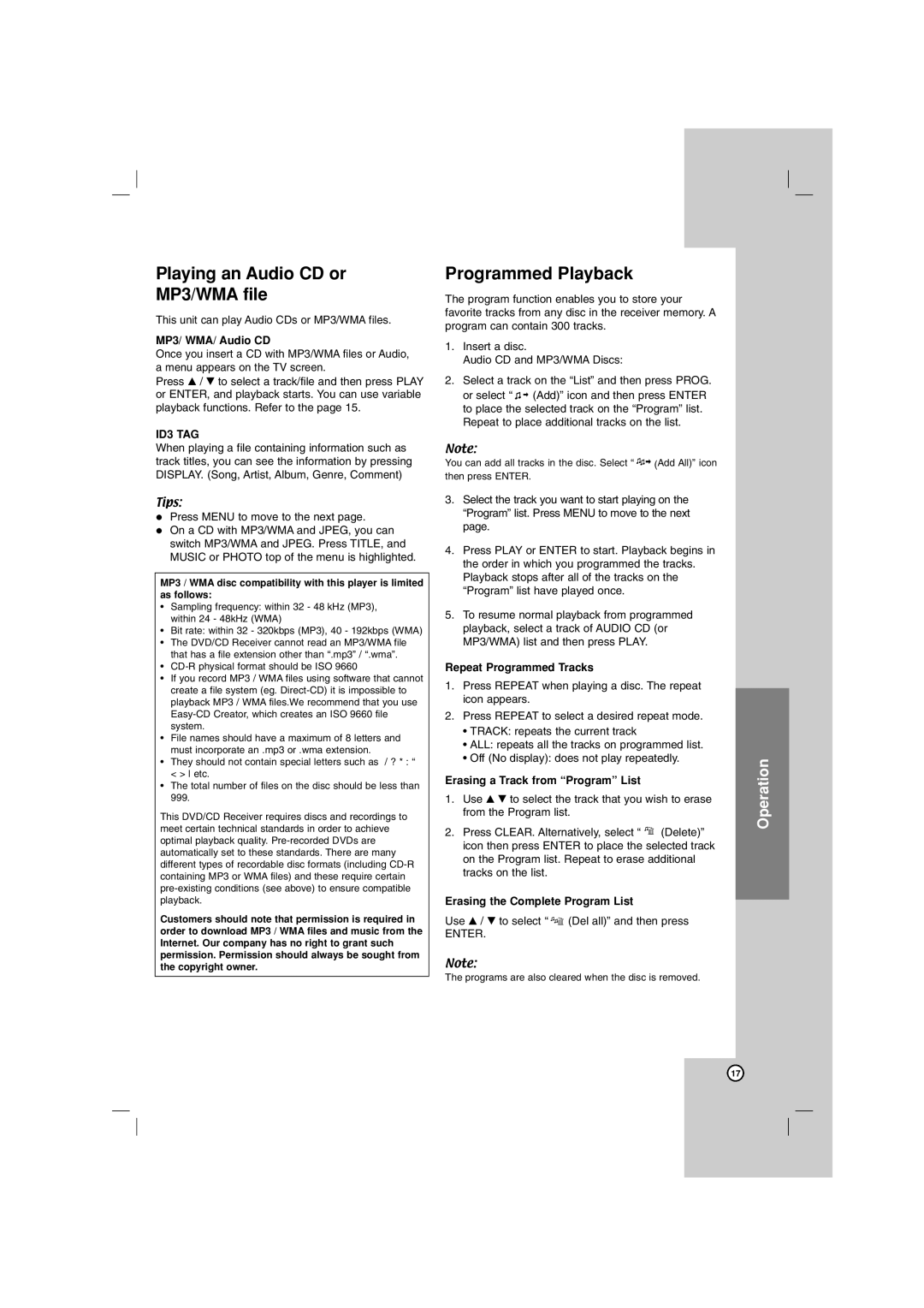 LG Electronics LHT799 owner manual Playing an Audio CD or MP3/WMA file, Programmed Playback, ID3 TAG 