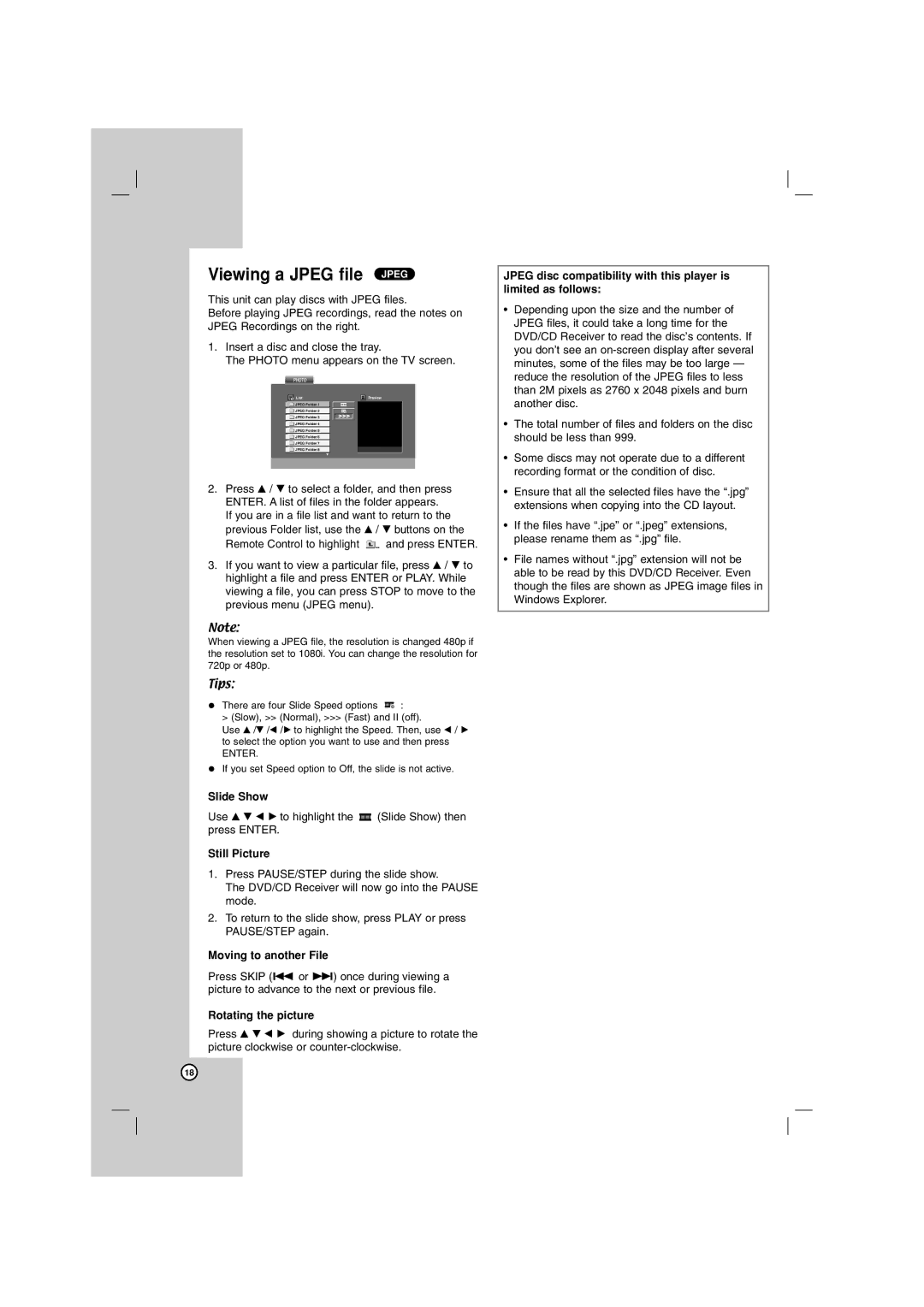 LG Electronics LHT799 Viewing a Jpeg file Jpeg, Slide Show, Still Picture, Moving to another File, Rotating the picture 