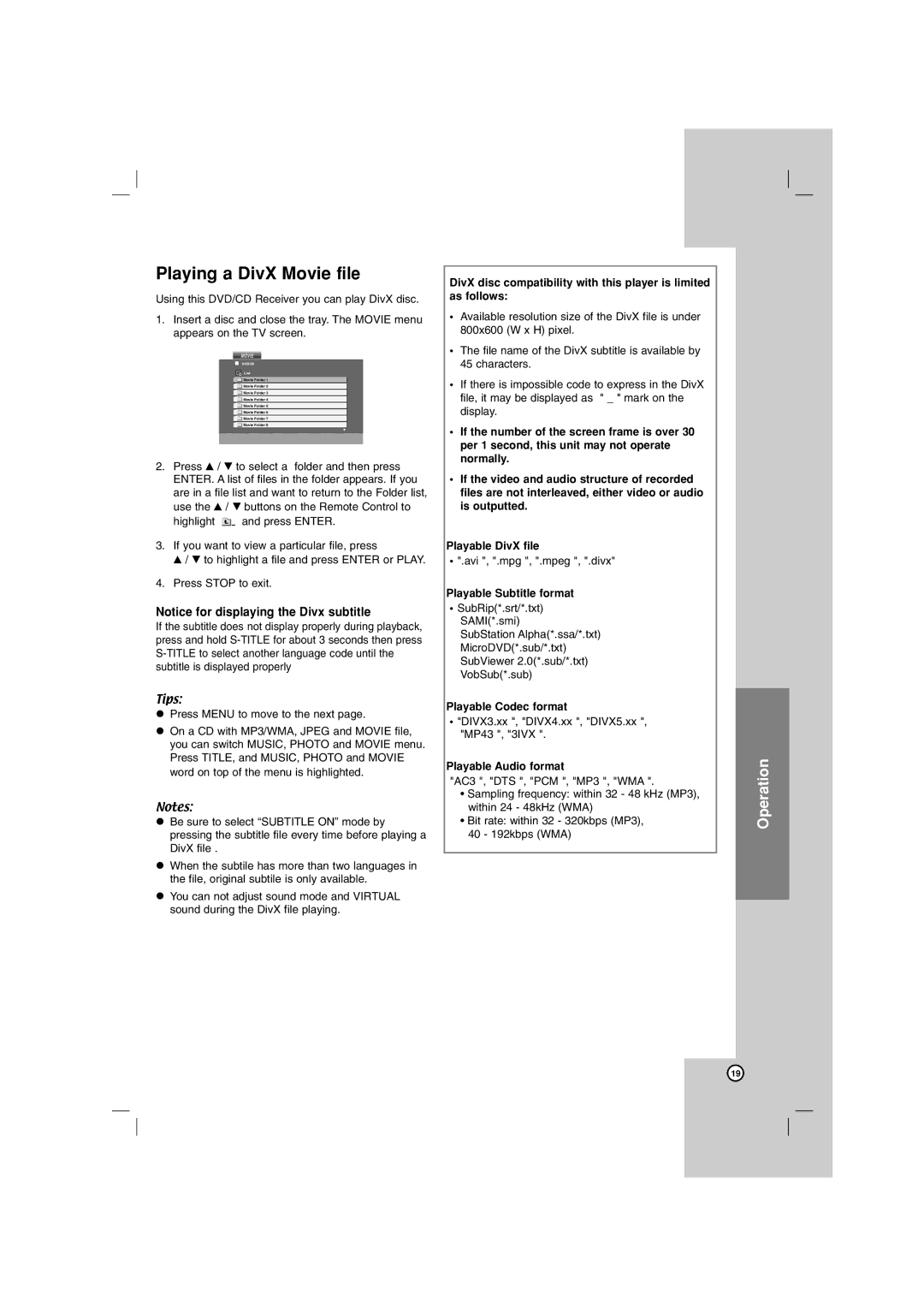 LG Electronics LHT799 Playing a DivX Movie file, Playable Subtitle format, Playable Codec format, Playable Audio format 