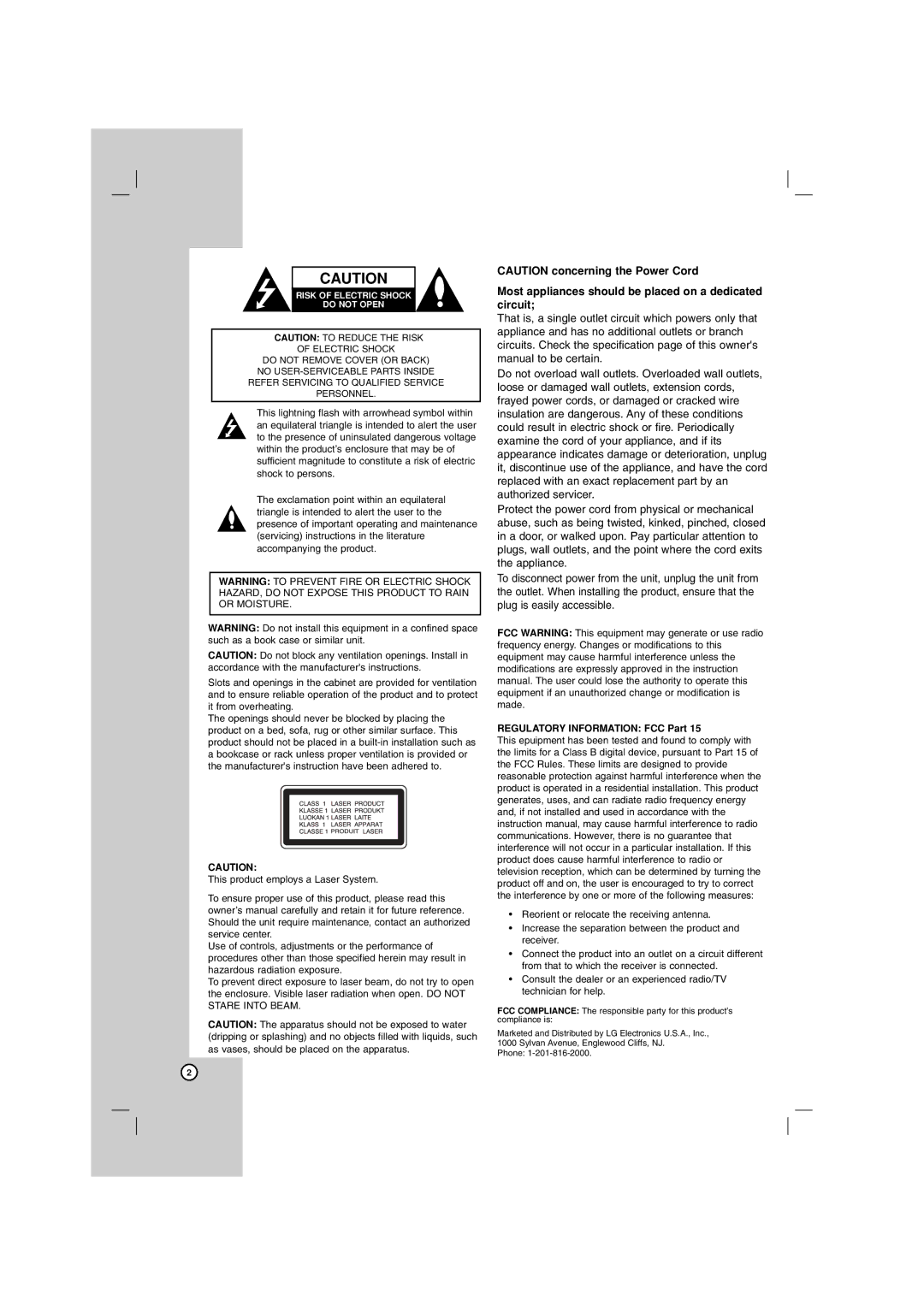 LG Electronics LHT799 owner manual Most appliances should be placed on a dedicated circuit, Regulatory Information FCC Part 