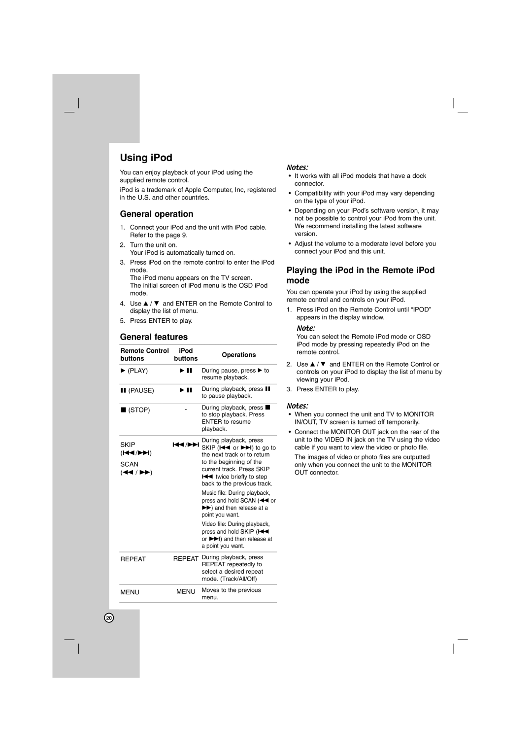 LG Electronics LHT799 owner manual Using iPod, Remote Control, Operations, Buttons 