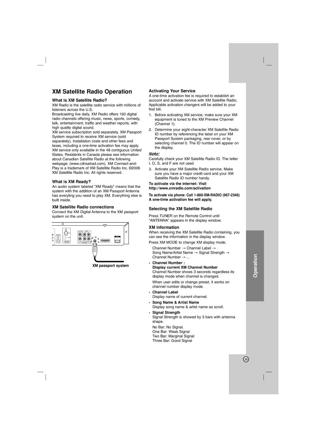 LG Electronics LHT799 owner manual XM Satellite Radio Operation 