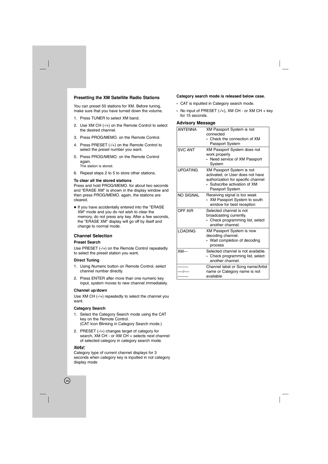 LG Electronics LHT799 owner manual Presetting the XM Satellite Radio Stations, Channel Selection, Advisory Message 