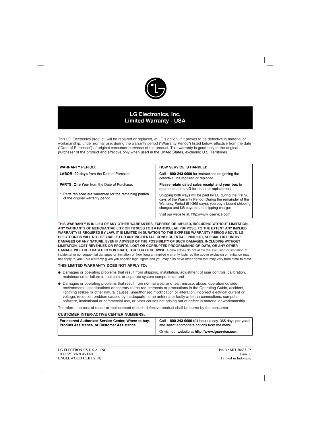 LG Electronics LHT799 owner manual This Limited Warranty does not Apply to, Customer INTER-ACTIVE Center Numbers 