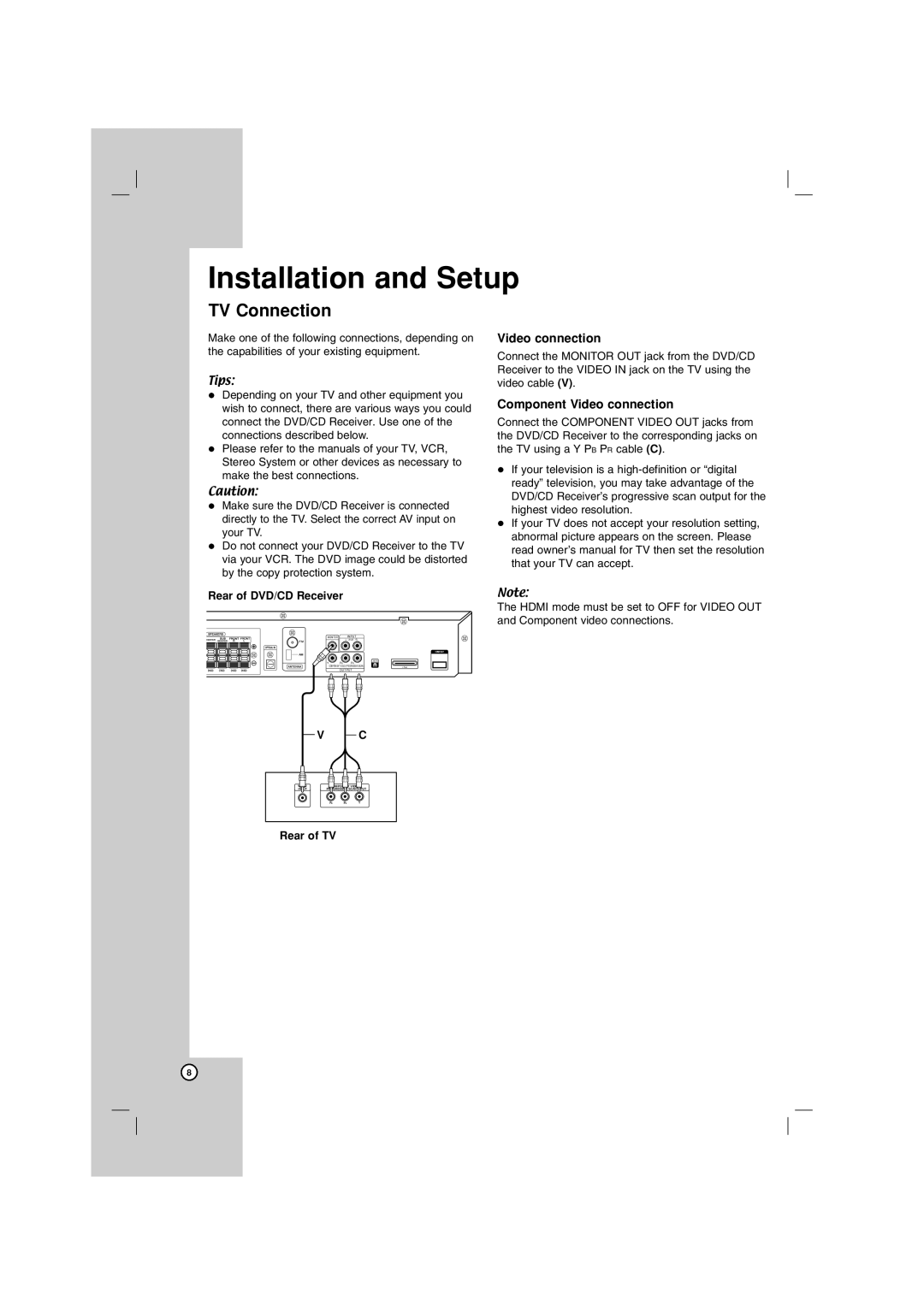 LG Electronics LHT799 owner manual TV Connection, Component Video connection, Rear of DVD/CD Receiver, Rear of TV 