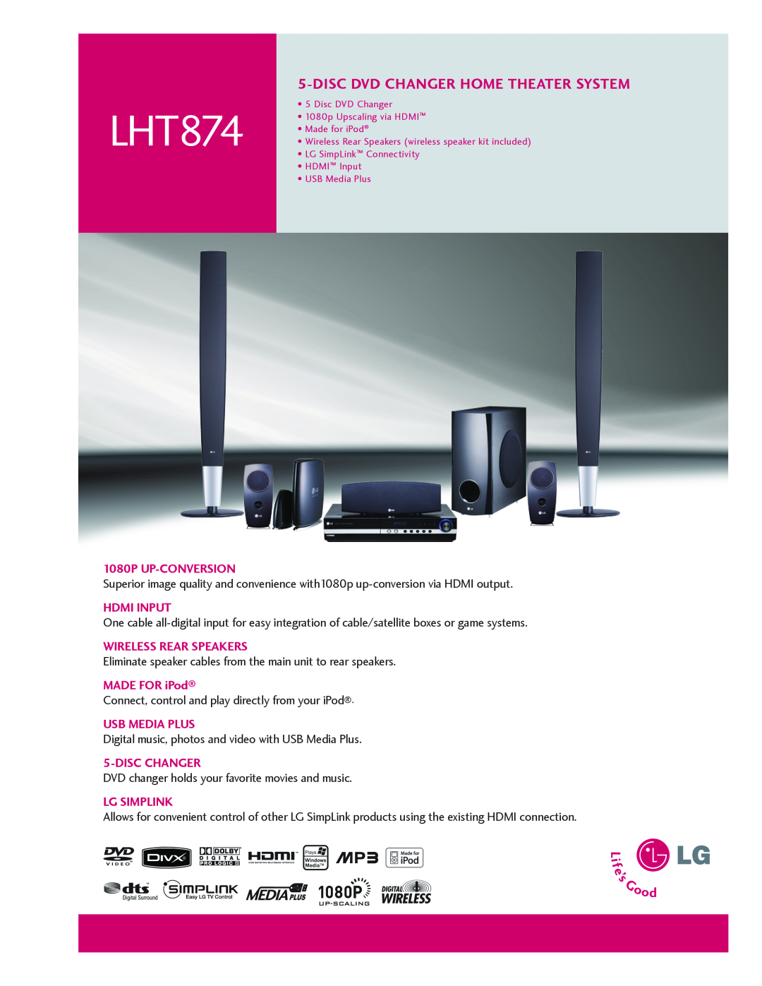 LG Electronics LHT874 manual Discdvd Changer Home theater system, 1080p UP-CONVERSION, Hdmi Input, Wireless Rear Speakers 