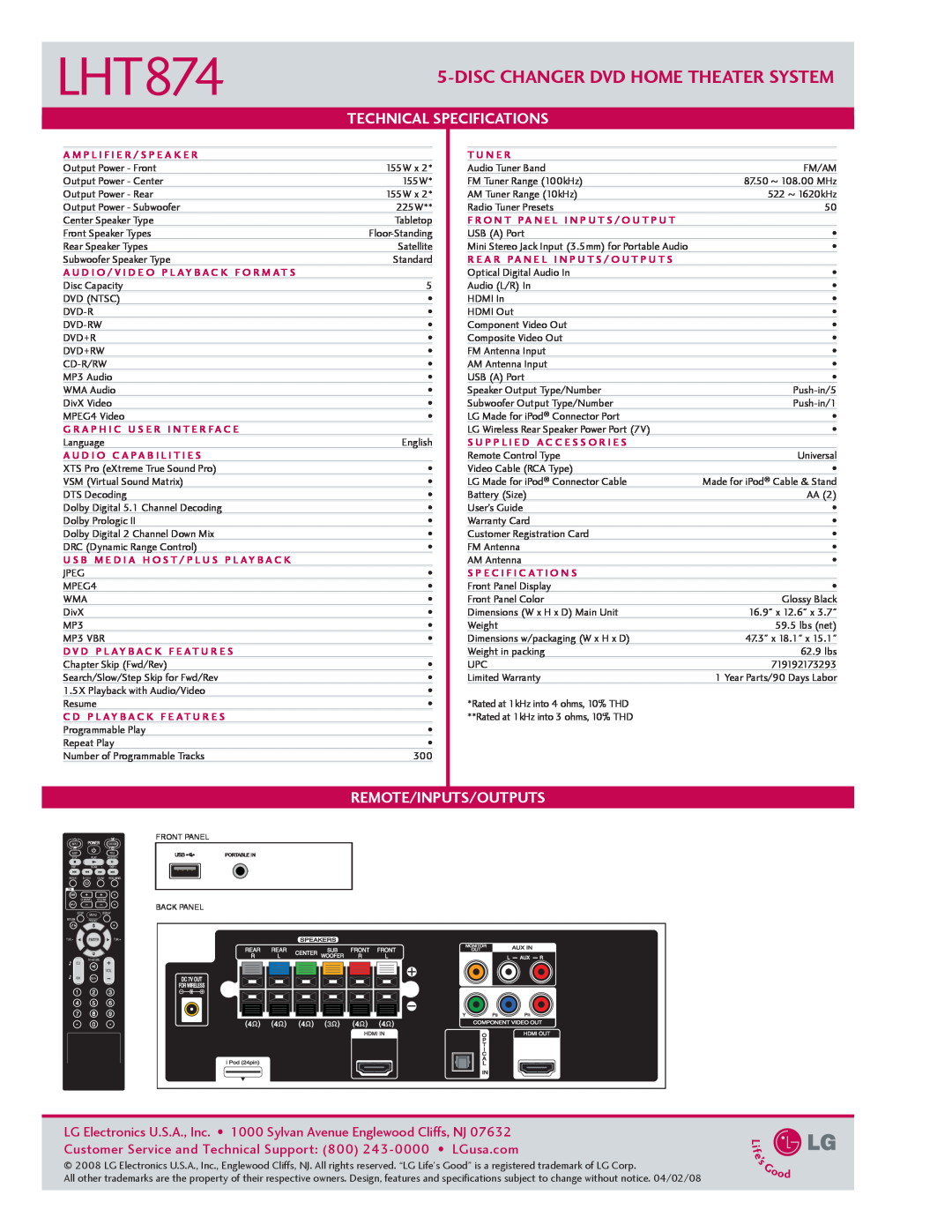 LG Electronics LHT874 manual DiscChanger DVD Home Theater system, Technical Specifications, Remote/Inputs/Outputs 