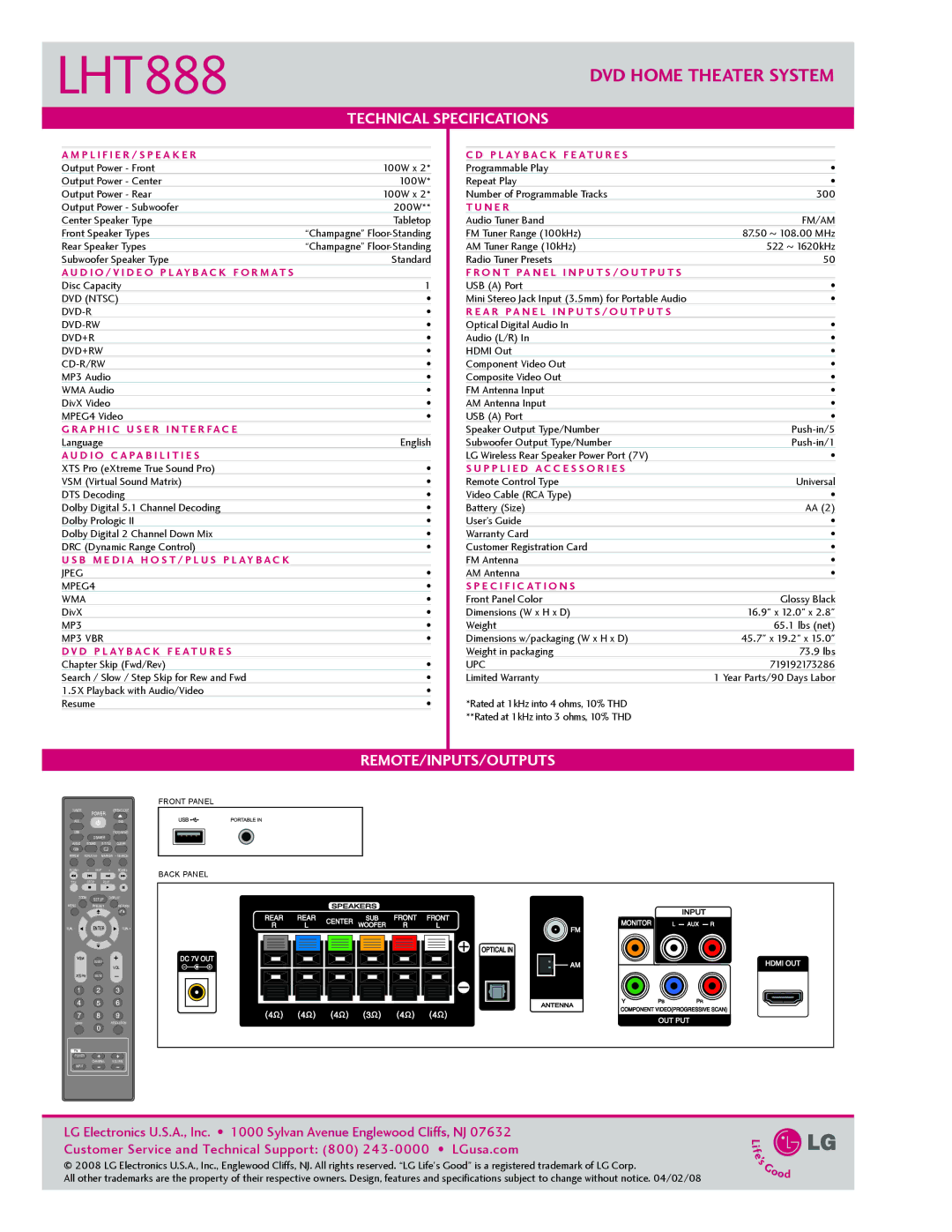 LG Electronics LHT888 P l i f i e r / S p e a k e r P l ay b a c k F e at u r e s, N e r, D i o c a pa b i l i t i e s 