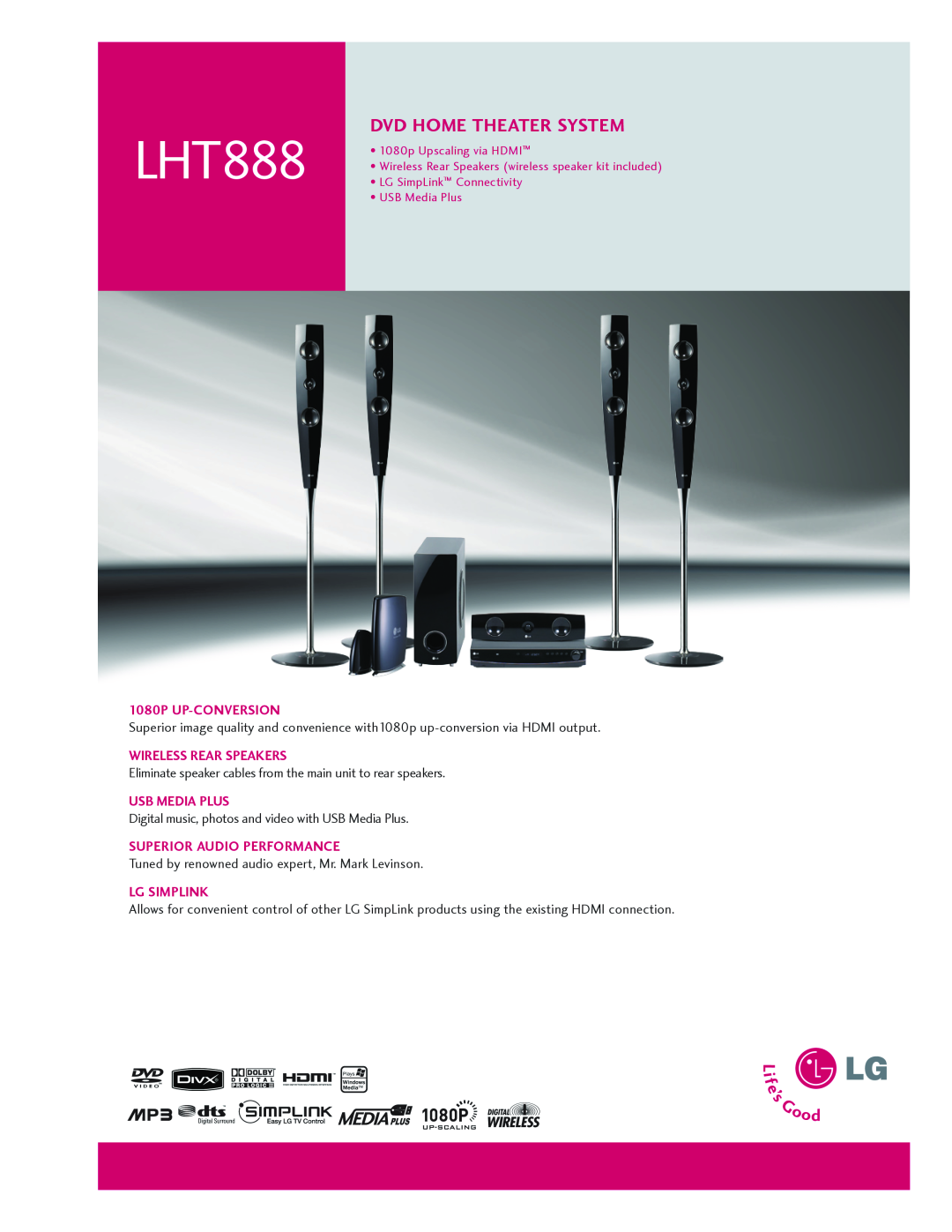 LG Electronics LHT888 manual dvd Home theater system, 1080p UP-CONVERSION, Wireless Rear Speakers, Usb Media Plus 