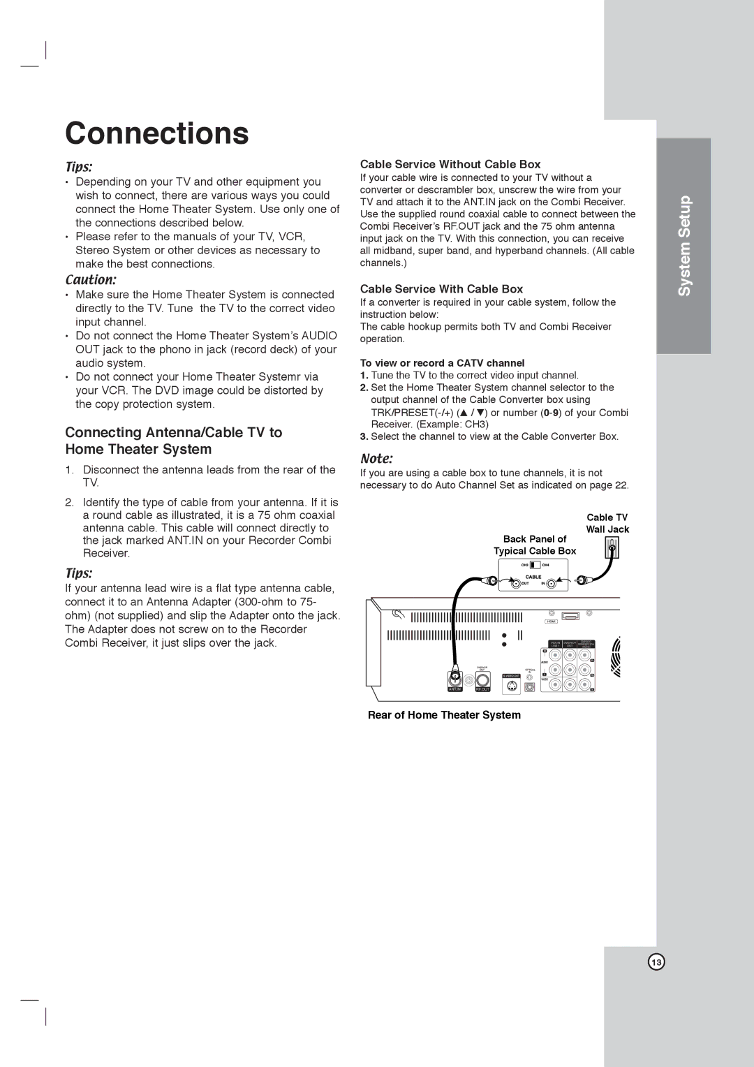 LG Electronics LHX-557 Connections, Connecting Antenna/Cable TV to Home Theater System, Cable Service Without Cable Box 