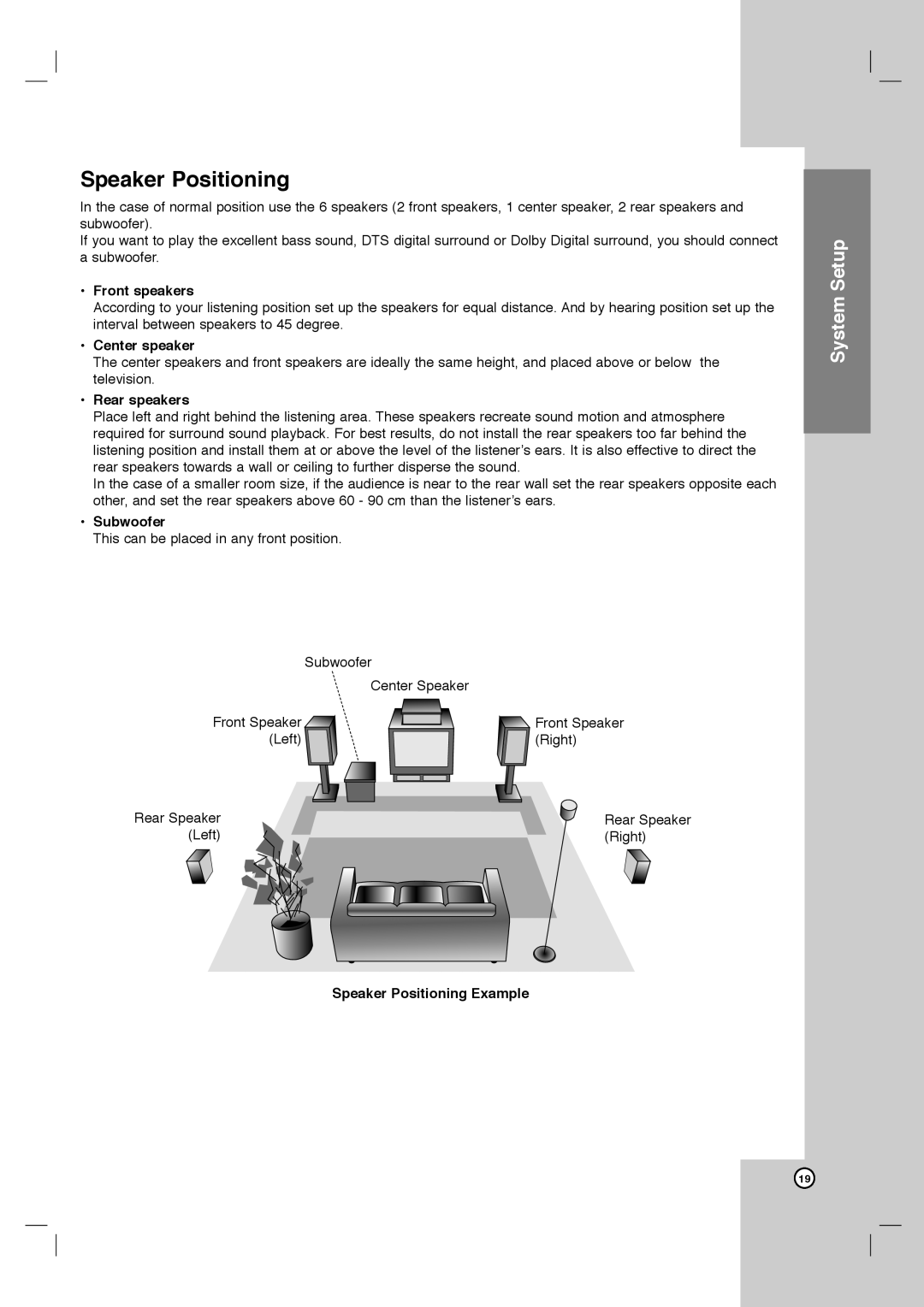 LG Electronics LHX-557 owner manual Speaker Positioning 