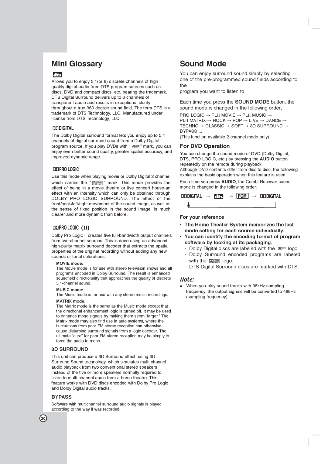 LG Electronics LHX-557 owner manual Mini Glossary, Sound Mode, For DVD Operation, 3D Surround, Bypass 