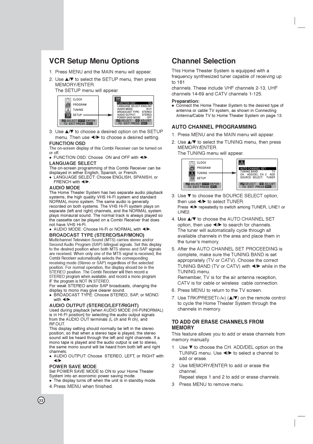 LG Electronics LHX-557 owner manual VCR Setup Menu Options, Channel Selection 