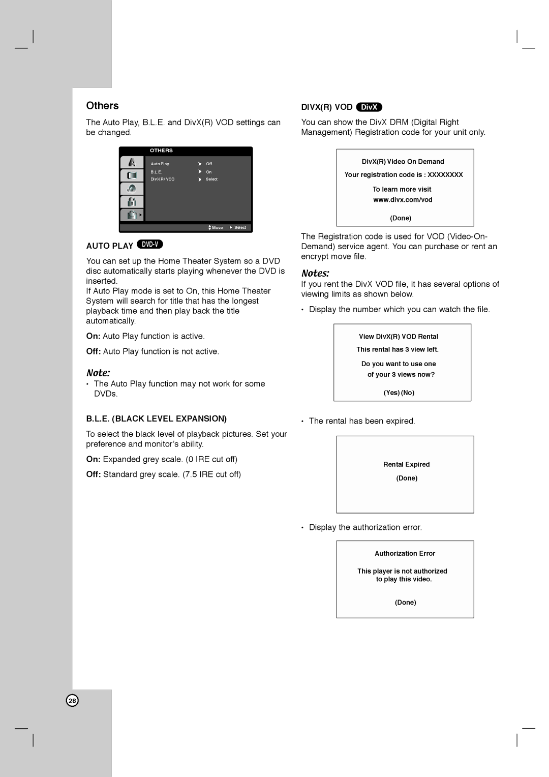 LG Electronics LHX-557 owner manual Others, Auto Play DVD-V, E. Black Level Expansion, Divxr VOD DivX 