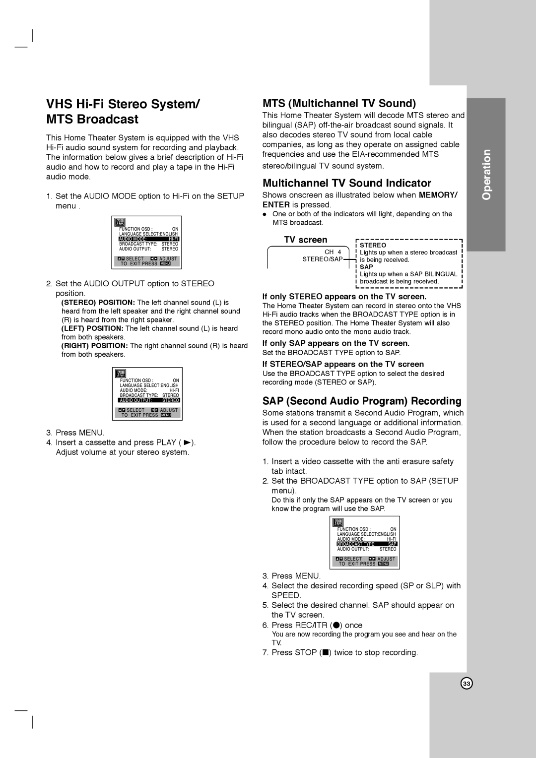 LG Electronics LHX-557 VHS Hi-Fi Stereo System/ MTS Broadcast, MTS Multichannel TV Sound, Multichannel TV Sound Indicator 