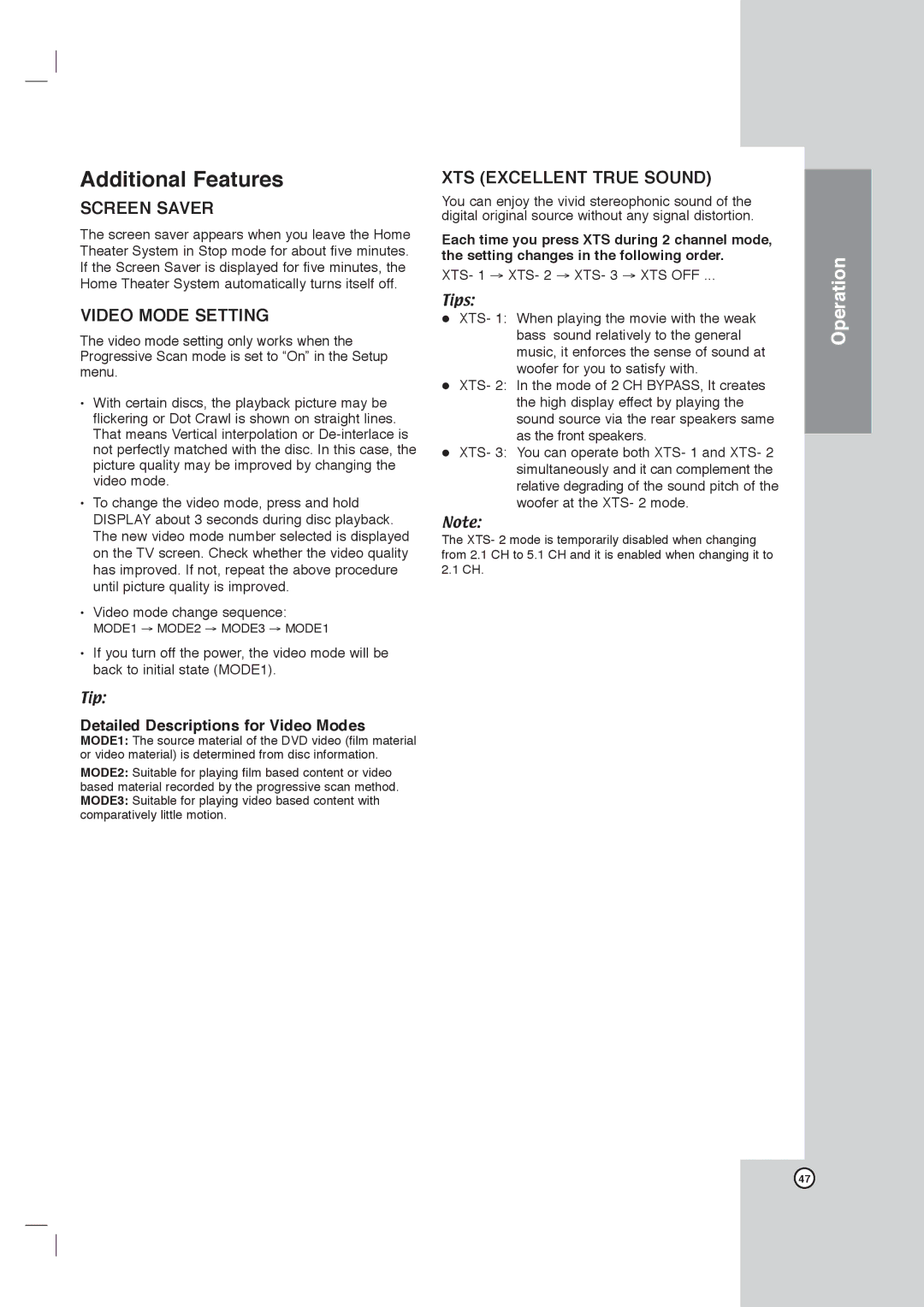 LG Electronics LHX-557 owner manual Additional Features, Screen Saver, Video Mode Setting, XTS Excellent True Sound 