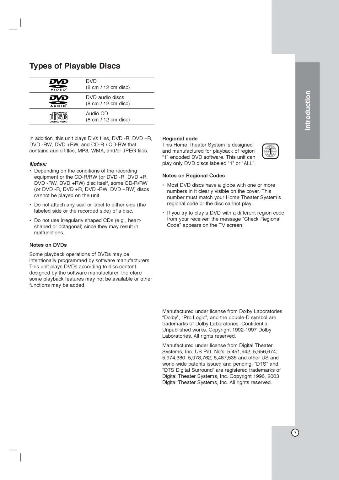 LG Electronics LHX-557 owner manual Types of Playable Discs, Regional code 