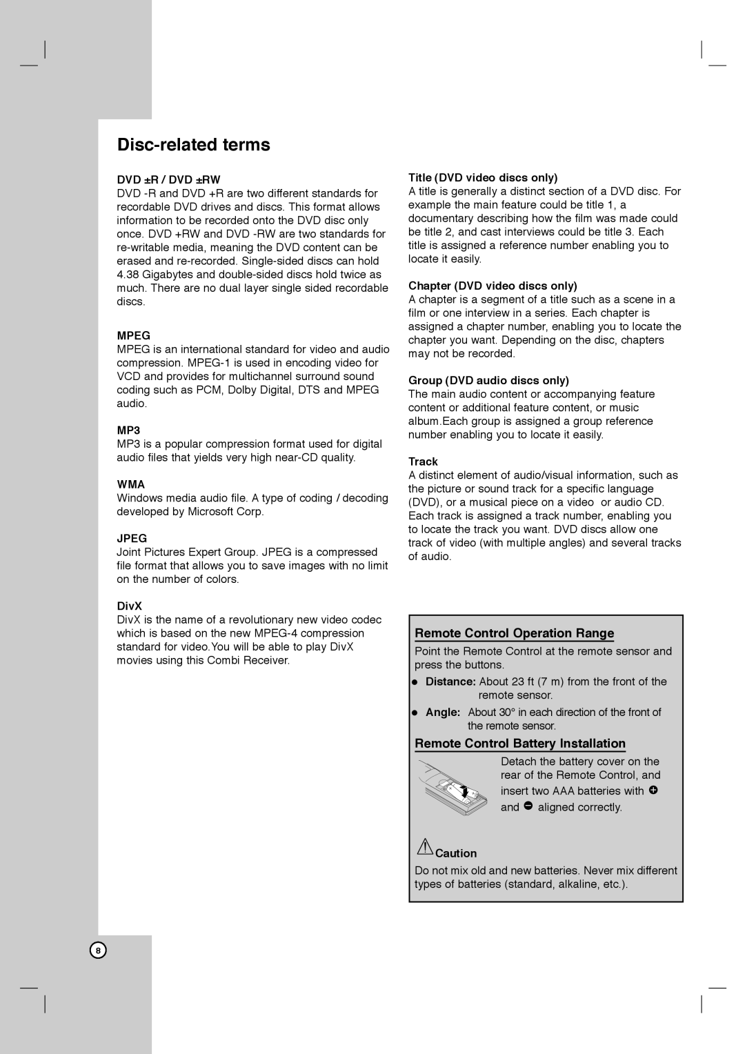 LG Electronics LHX-557 owner manual Disc-related terms, Remote Control Operation Range, Remote Control Battery Installation 