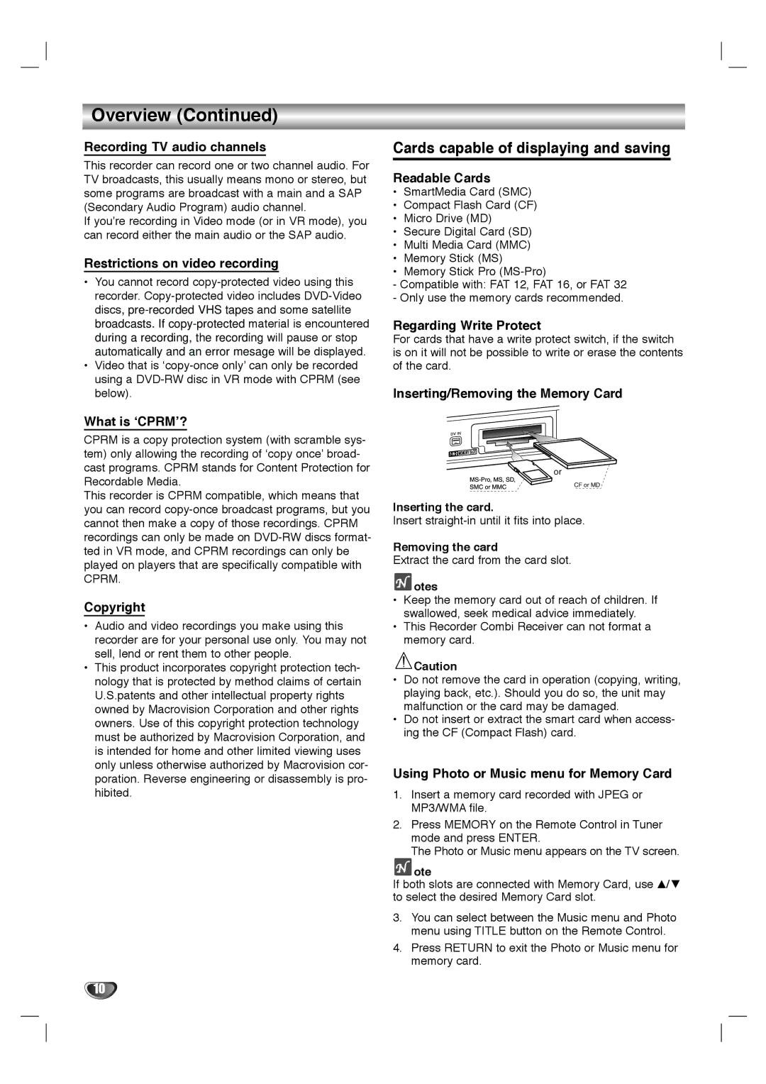 LG Electronics LHY-518 owner manual Cards capable of displaying and saving 