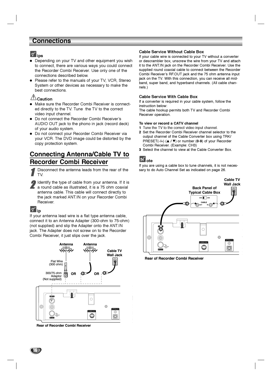 LG Electronics LHY-518 owner manual Connections, Connecting Antenna/Cable TV to Recorder Combi Receiver, Ips 