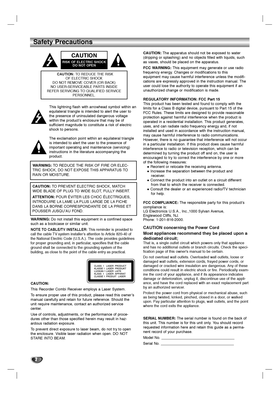 LG Electronics LHY-518 owner manual Safety Precautions, Regulatory Information FCC Part 